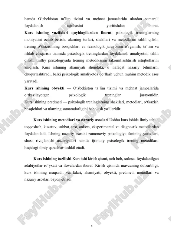 alarni o‘rganadilar. treninglar turli psixologik yo‘nalishlarda, masalan, shaxsiy o‘sish, stressni boshqarish, liderlik, kommunikatsiya va emotsional barqarorlik sohalarida qo‘llaniladi. psixologik ma’noda trening — bu shaxsning ichki resurslarini faollashtirish va o‘z imkoniyatlarini ro‘yobga chiqarish vositasidir. trening mashg‘ulotlari davomida inson o‘z his-tuyg‘ularini anglash, boshqarish va boshqalar bilan samarali muloqot qilish ko‘nikmalarini shakllantiradi. psixologiyada treninglar odatda maxsus dastur asosida olib boriladi va u o‘quv, tarbiyaviy hamda terapevtik vazifalarni bajaradi. trening mashg‘ulotlarining samarasi, ko‘p hollarda, ishtirokchilarning faolligiga va psixologik muhitning qulayligiga bog‘liq bo‘ladi. trening o‘z tabiatiga ko‘ra tajribaviy o‘qitish shaklidir, ya’ni ishtirokchi o‘z tajribasi orqali bilim va ko‘nikmalarni egallaydi. trening jarayonida nazariy bilimdan ko‘ra amaliy faoliyat ustuvor bo‘ladi. bu psixologik treninglarni boshqa ta’lim shakllaridan ajratib turadi. psixologik treninglar insonning ijtimoiy va shaxsiy rivojlanishida muhim o‘rin tutadi. ular insonning o‘zini va boshqalarni tushunish, empatiya qilish hamda to‘g‘ri kommunikatsiya o‘rnatish qobiliyatlarini mustahkamlaydi. trening atamasi ilk bor xx asrning o‘rtalarida g‘arb psixologiyasida keng qo‘llanila boshlagan. uning ilmiy asoslarini …
