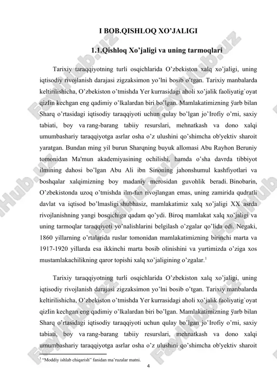 o - paxta tolasi ishlab chiqarish)ga asosiy e'tibor qaratildi. respublika sanoatining qolgan muhim tarmoqlari ham paxta majmuini rivojlantirishga muvofiq ravishda taraqqiy qildirildi. 1913 yilda mamlakatimiz hududida 425 ta sanoat korxonasi mavjud edi. mamlakatimiz xalq xo’jaligi mustaqillik yillarida yangi bosqichga qadam qo’ydi. bozor iqtisodiyotining birinchi bosqichidayoq (1991-1994) iqtisodiy islohotlarga oid qonunlar qabul qilindi, uning huquqiy negizi yaratildi. islohotlar hayotning barcha jabhalarini qamrab oldi. 1995 yildan boshlab o’zbekiston jamiyatni isloh qilishning ikkinchi bosqichiga qadam qo’ydi. ushbu bosqich bozor munosabatlariga o’tish tuzilmalarini shakllantirishni yakunlashni, mamlakat xalq xo’jaligini har tomonlama rivojlantirishni, milliy valyutani barqarorlashtirishni va uning ichki konvertasiyasini ta'minlash bilan boіliq davlat mulkini xususiylashtirishni yakunlash hamda iqtisodiyotni xomashyo yetishtirib berishdan tayyor mahsulot chiqarishga yo’naltirishni ko’zda tutilgan. shuningdek, iqtisodiy islohotlarning yuqorida zikr qilingan ikkinchi bosqichida iqtisodiyotni barqarorlashtirish va xalq xo’jaligi uzoq tarmoqlari o’sishini ta'minlash, ishlab chiqarishda aholi keng iste'mol mollariga ko’ra ularning ehtiyojini nazarda tutib o’zgarishlar qilish va boshqa hayotiy masalalar xalq xo’jaligida qator tarkibiy …
