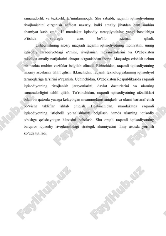 tomonidan ilgari surilgan bo‘lib, u bu atamani internet texnologiyalarining iqtisodiy faoliyatga kirib kelishini ifodalash uchun qo‘llagan. raqamli iqtisodiyot deganda, asosan, elektron vositalar orqali amalga oshiriladigan iqtisodiy munosabatlar tushuniladi. uning shakllanishi uchta asosiy bosqichdan iborat. birinchi bosqich 1990-yillarning oxirlariga to‘g‘ri keladi va bu davrda internet tarmog‘ining ommalashuvi raqamli iqtisodiyotning boshlanishiga turtki berdi. ikkinchi bosqich 2000-yillarda mobil aloqa, elektron to‘lov tizimlari va onlayn savdoning rivojlanishi bilan davom etdi. uchinchi bosqich esa hozirgi davrni o‘z ichiga oladi, bunda sun’iy intellekt, blokcheyn, katta ma’lumotlar va bulutli texnologiyalar asosiy rol o‘ynaydi. raqamli iqtisodiyotning shakllanish jarayoni iqtisodiy tizimlarning tubdan o‘zgarishiga olib keldi. u iqtisodiyotda yangi tarmoqlar — it xizmatlari, elektron savdo platformalari, fintech kompaniyalarini yaratdi. har bir bosqichda iqtisodiyotda avtomatlashtirish, raqamlashtirish va tarmoqlashtirish jarayonlari kuchaydi. raqamli iqtisodiyot nafaqat texnologik, balki ijtimoiy o‘zgarishlarni ham yuzaga keltirdi. u ta’lim tizimida masofaviy o‘qitish, sog‘liqni saqlashda telemeditsina, moliyada esa onlayn bank xizmatlarini rivojlantirdi. shu bilan birga, raqamli iqtisodiyotning shakllanishida davlat …