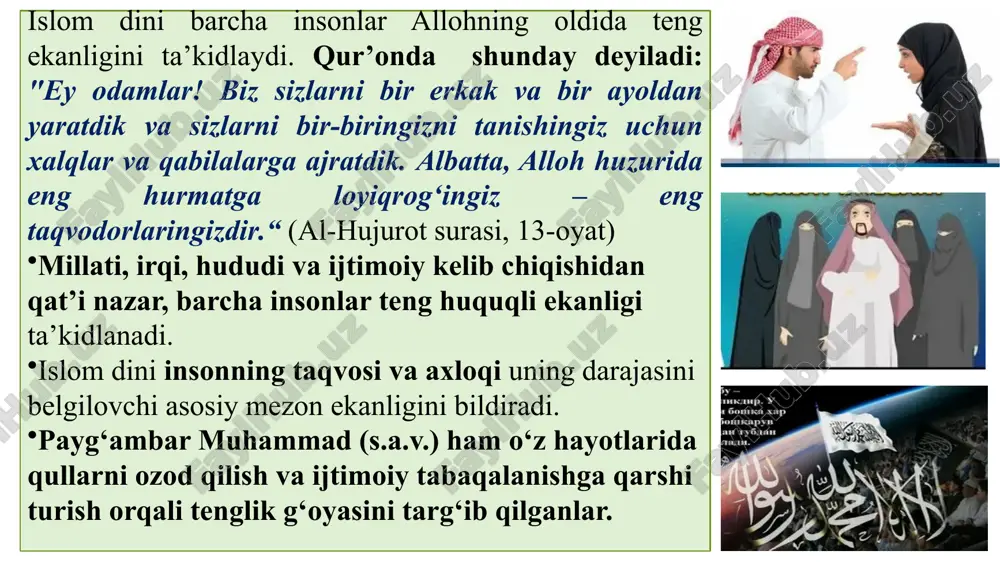 majburlash yo‘q, ammo to‘g‘ri yo‘lga yo‘naltirish va diniy tarbiya muhim hisoblanadi. bu qadriyat jamiyatda axloqiy-ruhaniy mustahkamlikni ta’minlash va iymon asosida yashash madaniyatini rivojlantirishga xizmat qiladi. hayot (inson hayoti): inson hayoti shariatda muqaddas deb hisoblanadi. hayotni asrash – qonuniy jazolardan chekinish, o‘limni ehtiyotkorlik bilan belgilash va tinchlikni saqlash kabi jihatlarni o‘z ichiga oladi. shariat hayotning asossiz o‘ldirilishini va beparvolik bilan yuz beradigan jinoyatlarni qat’iy taqiqlaydi. 16 aql (inzibati va tafakkur salohiyati): aql – insonning eng muhim boyligi deb hisoblanadi, u orqali to‘g‘ri qarorlar qabul qilinadi va ilmiy-tarbiya yuksaladi. shariat intellektual salohiyatni qo‘llab-quvvatlaydi: ta'limga, ilm-fanga, adolatli munosabatlarga e'tibor qaratadi. nojo‘ya ta'sirlar, masalan, ichimliklar yoki boshqa aqliy salbiy holatlarni keltirib chiqaradigan narsalar taqiqlanadi mulk (yer, boylik, mol-mulk): shariat mulk huquqlarini himoya qilishga katta e'tibor beradi. mulk so‘zi “hukmronlik”, “shohlik” ma’nolarini anglatadi. mulkni asrash, yovuzlik, o‘g‘irlik, firibgarlik kabi jinoyatlarga qarshi kurash orqali iqtisodiy adolat va barqarorlikni ta'minlaydi. insonlar o‘rtasidagi mulkiy munosabatlarda shaffoflik, halollik va …