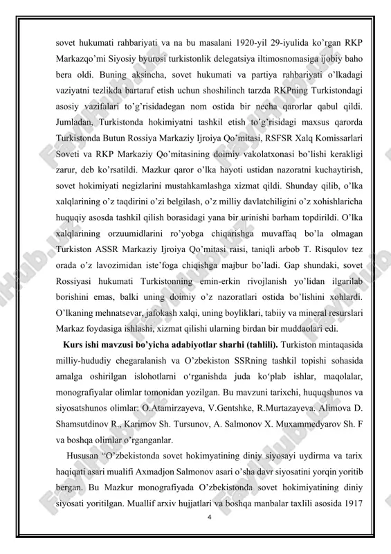 bekistonda bo’lib o’tagan voqealarni bayon etgan. bu kitob 2000 yil “sharq” nashriyotida toshkentda chop etilgan. asar yaqin o’tmishimiz sobiq sovet hokimyati davri mamlakatimizda yuz bergan voqealarni yoritib bergan. bu davr tarixi garchi qisqa bo’lasa ham lekin o’zining murakkabligi va zidiyatligi bilan ajralib turadi.1917-yil oktabr oyida bolsheviklar hokimyatga kelishi bilan o’zbekiston tarixida ham yangi mustamlakachilik davri boshlandi.bu davr sal kam 75-yil davom etgan bo’lgan bo’lsa ham tariximizda chuqur iz qoldirgandir[footnoteref:3].chor rossiyasi hukumati ag’darilgandan so’ng hokimyatga “qizil armiya” kelgan va o’zining davlat tuzumuni o’rnatgan.bu siyosati malum o’zgarishlar bilan 1991-yilgacha mustamlakachiligi siyosatini amalga oshirgan. bu kitob esa shu davrni dolzarb tarixini bayon etgan. [3: .m.jo’rayev,r.azamxo’jayev,d.alimova,n.karimov,b.qoshanov,q.oqilov,z.orifxonova,l.teteneva,sh.turdiyev.,nurullin,s.kamalov,r.rajapova,a.galovanov,q.rajabov,a.mavrullov,r.abdullayev o’zbekistonda sovet mustamlakachiligi davrida toshkent sharq 2000-yil 178-bet] yana bir asarimizdan biri “mustabid tuzumning o’zbekiston milliy boyliklarini talash siyosati tarix shoxidligi va saboqlari” asari bo’lib bu asar 1985-yildan 1990-yilgacha bo’lgan mustabid tuzumning o’zbekiston milliy boyliklarini talash siyosati siyosiy voqealarni bayon etgan. loyiha rahbari va mas’ul muharrir. tarix fanlari …
