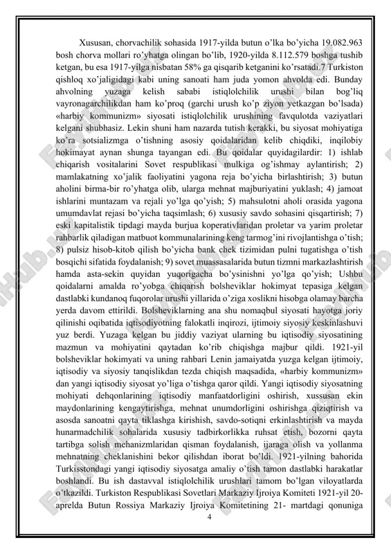 tdorligini oshirish, xussusan ekin maydonlarining kengaytirishga, mehnat unumdorligini oshirishga qiziqtirish va asosda sanoatni qayta tiklashga kirishish, savdo-sotiqni erkinlashtirish va mayda hunarmadchilik sohalarida xususiy tadbirkorlikka ruhsat etish, bozorni qayta tartibga solish mehanizmlaridan qisman foydalanish, ijaraga olish va yollanma mehnatning cheklanishini bekor qilishdan iborat bo’ldi. 1921-yilning bahorida turkisstondagi yangi iqtisodiy siyosatga amaliy o’tish tamon dastlabki harakatlar boshlandi. bu ish dastavval istiqlolchilik urushlari tamom bo’lgan viloyatlarda o’tkazildi. turkiston respublikasi sovetlari markaziy ijroiya komiteti 1921-yil 20-aprelda butun rossiya markaziy ijroiya komitetining 21- martdagi qonuniga muvofiq ravishda oziq-ovqat, yem-xashak, va xomashyo taqsimotini natura solig’i bilan almashtirish to’g’risida qaror qabul qildi. 1-bob. sovet hokimiyati tomonidan olib borilgan iqtisodiy ijtimoiy siyosat. 1.1 sovetlar tomonidan o‘rta osiyoning bosib olinishi. xix asrning 20-yillariga kelib britaniya imperiyasida ishlab chiqarilgan mollar rossiyadan keltiriladigan mahsulotlarga raqobat tugʻdira boshladi. buyuk britaniya afgʻoniston, eron va oʻrta osiyo hududlariga boʻlgan daʼvolarini ochiqchasiga bayon eta boshlagan edi. rossiya osiyo bozorlarida oʻz mavqeini mustahkamlash maqsadida rus mahsulotlarini …