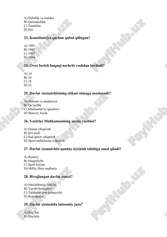 t tekshiruvi qachon o‘tkaziladi? a) xodim so‘raganda b) tashkilot tatiylga chiqqanda c) huquqbuzarlik alomatlari bo‘lganda d) bayramda 55. vakolat muddati tugaganda xodim nima qiladi? a) ishni davom ettiradi b) vakolati to‘xtaydi c) yangi vakolat oladi d) ta’tilda bo‘ladi 56. o‘zbekistonda davlat hokimiyati nechta tarmoqqa bo‘linadi? a) 2 b) 3 c) 4 d) 5 57. fuqarolarning asosiy huquqlarini kim kafolatlaydi? a) tadbirkor b) bank c) davlat d) jamoat tashkiloti 58. davlat xizmatchisinin shaxsiy manfaatlari ish manfaatiga zid bo‘lsa bu nima? a) rag‘batlantirish b) manfaatlar to‘qnashuvi c) mukofot d) intizom 59. sud sistemasining asosiy vazifasi? a) yashirish b) adolatni ta’minlash c) soliq yig‘ish d) qonun chiqarish 60. “elektron hukumat”ning afzalligi nimada? a) qog‘oz ko‘payadi b) jarayonlar tezlashadi c) xizmatlar qiyinlashadi d) axborot kamayadi 61. budjet mablag‘lari qanday tartibda sarflanadi? a) istalgancha b) qonun asosida c) rahbar xohishiga ko‘ra d) tasodifiy 62. o‘zbekiston respublikasi prezidenti qanday yo‘l bilan saylanadi? a) parlament tomonidan b) …