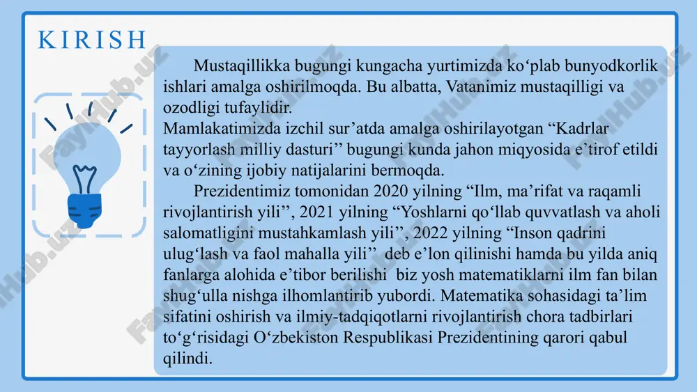 urlari haqida ma’lumotlar berilgan sonning butun va kasr qismi qatnashgan funksiyalar, ularning xossalari va grafiklarini o’rganish usullari haqida ma’lumotlar keltirilgan. har bir fanda bo‘lgani kabi matematika fanida ham ta’riflanadigan va ta’riflanmaydigan tushunchalar mavjud. maktab matematika kursida, shartli ravishda, ta’riflanmaydigan eng sodda tushunchalar qabul qilinadi. jumladan, arifmetika kursida son tushunchasi va qo‘shish amali, geometriya kursida esa tekislik, nuqta, masofa va to‘g‘ri chiziq tushunchalari ta’riflanmaydigan tushunchalardir. bu tushunchalar yordamida boshqa matematik tushunchalar ta’riflanadi. tushunchaning ta’rifi inglizcha definitsiya (definito) so‘zidan olingan bo‘lib, «chegara» degan yoki «biror narsaning oxiri» degan ma’noni bildiradi. professor j.ikromov o‘zining «maktab matematika tili» nomli kitobida tushunchalarning ta’rifini quyidagi turlarga ajratadi: real ta’rif, klassifikatsion ta’rif, genetik ta’rif yoki induktiv ta’rif. sonning butun va kasr qismiga oid nazariy ma’lumotlar. teorema. (qoldiqli bo‘lish) har qanday va sonlari uchun (1) tenglikni qanoatlantiruvchi q va butun sonlar mavjud va ular yagona ravishda aniqlanadi [4]. isbot: mavjudligi. bq son a dan katta bo‘lmagan, b ga …