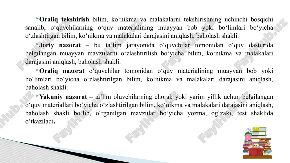 a testning bir qator afzalliklari ko‘zga tashlanadi. ular quyidagilardir: nazorat uchun vaqtning kam sarflanishi; 2) nazariy va amaliy bilim darajasini obektiv sharoitda aniqlash imkonining mavjudligi; 3) bir vaqtning o‘zida ko‘p sonli o‘quvchilar bilan nazoratni tashkil etish mumkinligi; 4) bilim natijalarining o‘qituvchi tomonidan qisqa muddatda tekshirilishi; 5) barcha o‘quvchilarga bir xil murakkablikdagi savollar berilib, ular uchun bir xil sharoitning yaratilishi. pirls -4-sinf o‘quvchilarining matnni o‘qish va tushunishdarajasini baholash; timss– 4- va 8-sinf o‘quvchilarining tabiiy-ilmiy va matematik yo‘nalishdagi fanlardansavodxonligini baholash; pisa– 15 yoshli o‘quvchilarning o‘qish, matematika va tabiiy yo‘nalishdagifanlardan savodxonlik darajasini baholash. pisa - turli davlatlarda 15 yoshli oʻquvchilarning savodxonligini (oʻqish, matematika, tabiiy fanlar) hamda bilimlarini amaliyotda qoʻllash qobiliyatini baholovchi dastur.ushbu dastur 1997-yilda joriy etilgan boʻlib, har uch yilda bir marta oʻtkaziladi, birinchi marta 2000-yilda oʻtkazilgan. har uch yilda bitta fan yoʻnalishiga afzallik berilib, jami testlar majmuasining deyarli 50% shu fanga mansub boʻladi. 2000-yilda ilk bor oʻqish savodxonligiga urgʻu berilgan. pisa testlari …