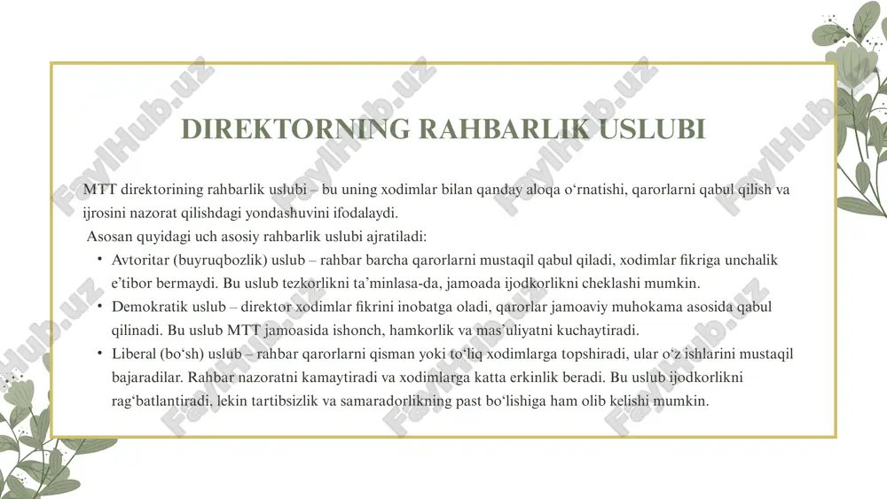 agi hisoblanadi. direktorning puxta rejalashtirilgan, adolatli va hamkorlikka asoslangan boshqaruvi tufayli jamoa faoliyatida izchillik, intizom va yuqori samaradorlik ta’minlanadi. bunday yondashuv natijasida maktabgacha ta’lim sifatli bo‘lib, bolalar har tomonlama rivojlanadi. maktabgacha ta’lim tashkiloti direktorining xodimlar bilan ish uslubi butun tashkilot faoliyatining samaradorligi va bolalar tarbiyasi sifatini belgilovchi muhim omildir. direktor nafaqat ma’muriy rahbar, balki jamoani birlashtiruvchi, motivatsiya beruvchi va ijobiy psixologik muhit yaratuvchi yetakchi sifatida harakat qiladi. uning rahbarlik uslubi — demokratik, hamkorlikka asoslangan va insonparvarlik ruhida bo‘lishi lozim. direktor pedagogik xodimlar bilan metodik yordam, tahlil va rag‘batlantirish orqali ishlasa, texnik xodimlar bilan tartib-intizom, gigiyena va mehnat sharoitlariga e’tibor qaratadi. xulosa o‘zbekiston respublikasi prezidentining “maktabgacha ta’lim tizimini yanada takomillashtirish chora-tadbirlari to‘g‘risida”gi pq–4312-son qarori. — toshkent, 2020 yil. “maktabgacha ta’lim to‘g‘risida” o‘zbekiston respublikasi qonuni. — toshkent: adolat, 2021 yil. maktabgacha ta’lim va tarbiya davlat standarti (mttds). — toshkent: maktabgacha ta’lim vazirligi nashriyoti, 2021 yil. karimova, n. va abdullayeva, m. “maktabgacha ta’lim …
