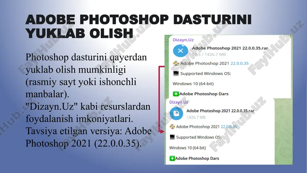 uchun shift+delete klavishalaridan foydalanamiz. bu obyektni yangi mustaqil layerga o‘tkazadi. shift+delete yangi fonni yaratish/qo‘shish birlashtirish: endi yangi fonni yaratamiz. buni "create new" orqali yangi varaq ochib yoki open orqali boshqa fon rasmini ochib qilamiz (rasmingizda ko‘k rangli sodda fon yaratilgan). uni eng pastki layerga joylashtiramiz. yakuniy natija: kompozitsiyani sozlash kompozitsiya: ajratilgan obyektni (futbolchi layeri) move tool (v) yordamida yangi fonga (ko‘k fon) olib o‘tamiz va ctrl+v ni bosib rasmni joylashtirib olamiz so‘ngra ctrl + t yordamida o‘lchamini moslab joylashtiramiz. grafika tayyor! 19 tayyor ishni saqlash xulosa: tayyor bo‘lgan grafikani file > save as orqali saqlaymiz. maqsadga qarab, uni .jpg (yuqori sifatli rasm) yoki .png (agar shaffoflik kerak bo‘lsa) formatida saqlashimiz mumkin. tayyor bo‘lgan rasm image2.png image3.jpeg image4.png image5.png image6.jpg image7.jpg image8.jpg image9.jpg image10.jpg image11.jpg image12.png image13.jpg image14.jpg image15.jpg image16.png image17.png image18.png image19.png image20.png image21.jpg image22.png image23.png image24.png image25.png image26.jpg image27.jpg image1.jpg /docprops/thumbnail.jpeg