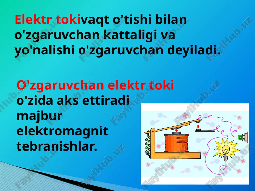 ʻnalish, pastga esa salbiy yoʻnalish tanlanadi. . dastlabki vaqtda 𝑡=0 oqim kuchi nolga teng (𝑖=0) . keyin vaqt oʻtishi bilan ijobiy yoʻnalishda, vaqt oʻtishi bilan ortadi 𝑡=𝑇4 maksimal qiymatga etadi, undan keyin u kamayadi va vaqtida 𝑡=𝑇2 nolga aylanadi. keyin nol qiymatdan oʻtib, oqim oʻz yoʻnalishini teskari tomonga oʻzgartiradi, yaʼni oqim kuchi manfiy boʻladi, keyin u mutlaq qiymatda (pastga qarab) oʻsadi, maksimal (mutlaq qiymatda) ga etadi. 𝑡=34𝑇 va undan keyin u kamayadi (mutlaq qiymatda), nolga moyil boʻladi va da 𝑡=𝑇 nolga aylanadi. davriy oʻzgaruvchan tok . davriy oʻzgaruvchan tok — bu shunday elektr toki-ki, muntazam ravishda oʻzgarishlarning toʻliq aylanishini takrorlaydi, asl qiymatiga qaytadi. taqdim etilgan diagrammada, muntazam ravishda 𝑇 joriy grafik hech qanday oʻzgarishsiz toʻliq qayta ishlab chiqariladi. vaqt 𝑇, bu davrda oʻzgaruvchan davriy oqim oʻz oʻzgarishlarining toʻliq aylanishini yakunlaydi, asl qiymatiga qaytadi, deyiladi oʻzgaruvchan tok davri. davrning teskarisi oʻzgaruvchan tokning chastotasi deb ataladi: . oʻzgaruvchan tokning chastotasini oʻlchash birligi …