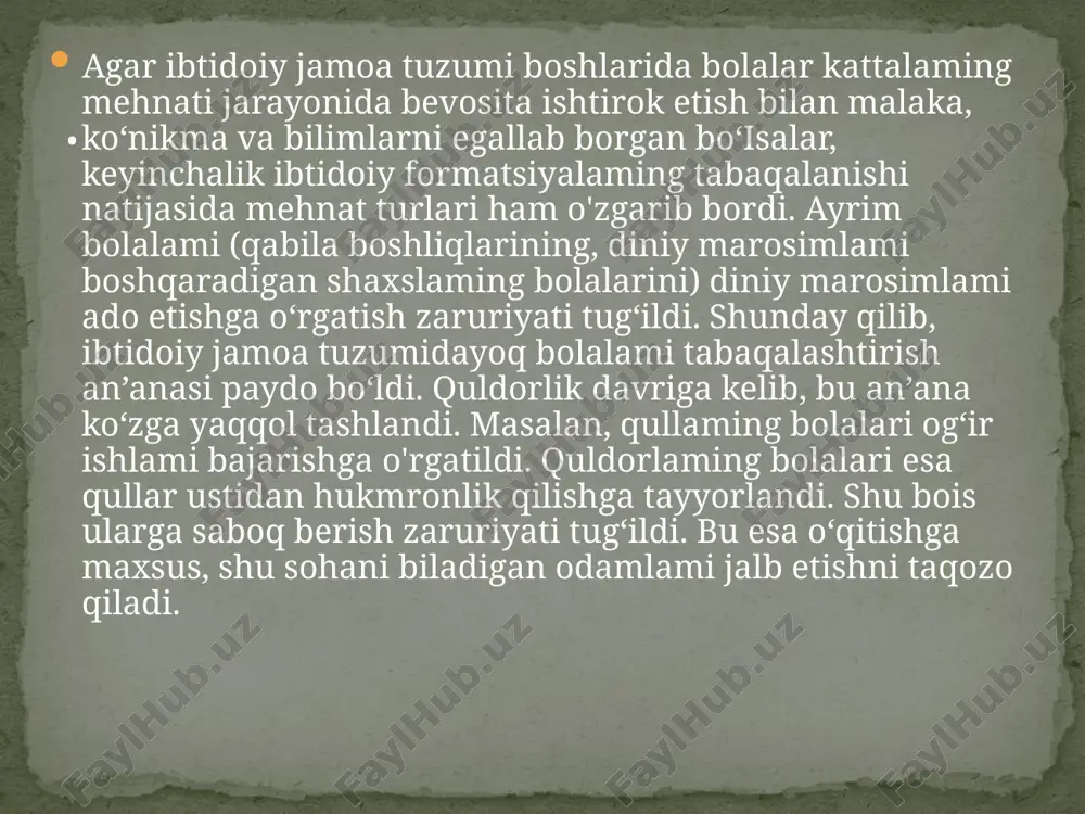 an, anketalar tarqatish yo‘li bilan to‘plangan materiallarni yoki ma’lumotlami umumlashtirish uchun) qo‘llaniladi. u eksperiment natij alarming aniq baholanishini, xulosalaming ishonchli bo‘lishini ta’minlaydi. tadqiqot natijalari va ularni amalda tatbiq etish. pedagogikada bu jarayon turli yo‘llar bilan amalga oshirilishi mumkin. chunonchi, tadqiqotchilaming seminarlarda, ilmiy konferensiyalarda tadqiqot natijalari bo'yicha ma’ruzaiar bilan chiqishi, ilmiy maqolalar, kitoblar nashr etilishi, o'qituvchiga mo‘ljallangan metodik tavsiyalar bo‘lishi mumkin. pedagogikada hali hal etilmagan muammolar juda ko‘p. . tarbiyaviy ishning samaradorligi mana shu savollarga to‘g‘ri javob topishga bog‘liq. ya’ni birinchi navbatda, ^tarbiya bilan shug‘ullanadigan har bir tarbiyachi, awalo, o‘z faoliyatini va unda ko‘zda tutilgan maqsadni aniq tasavvur eta olishi, bu maqsadning muhimligini tushunishi lozim. [demak^qanday odamni tarbiya qilish darkor, tarbiya natijasida inson qanday bo‘lishi kerak, degan savollami awaldan tasavvur etish zarur ekan. bu maqsad jamiyatning barkamol inson shaxsini tarbiyalashdek masalasini ko‘ndalang qo‘yadi. tarbiyaning vazifalari keng va ko‘p qirralidir. ta’limning asosiy vazifasi o'qituvchilami bilim, ko‘nikma va malakalar bilan qurollantirish bo'lsa, tarbiya …
