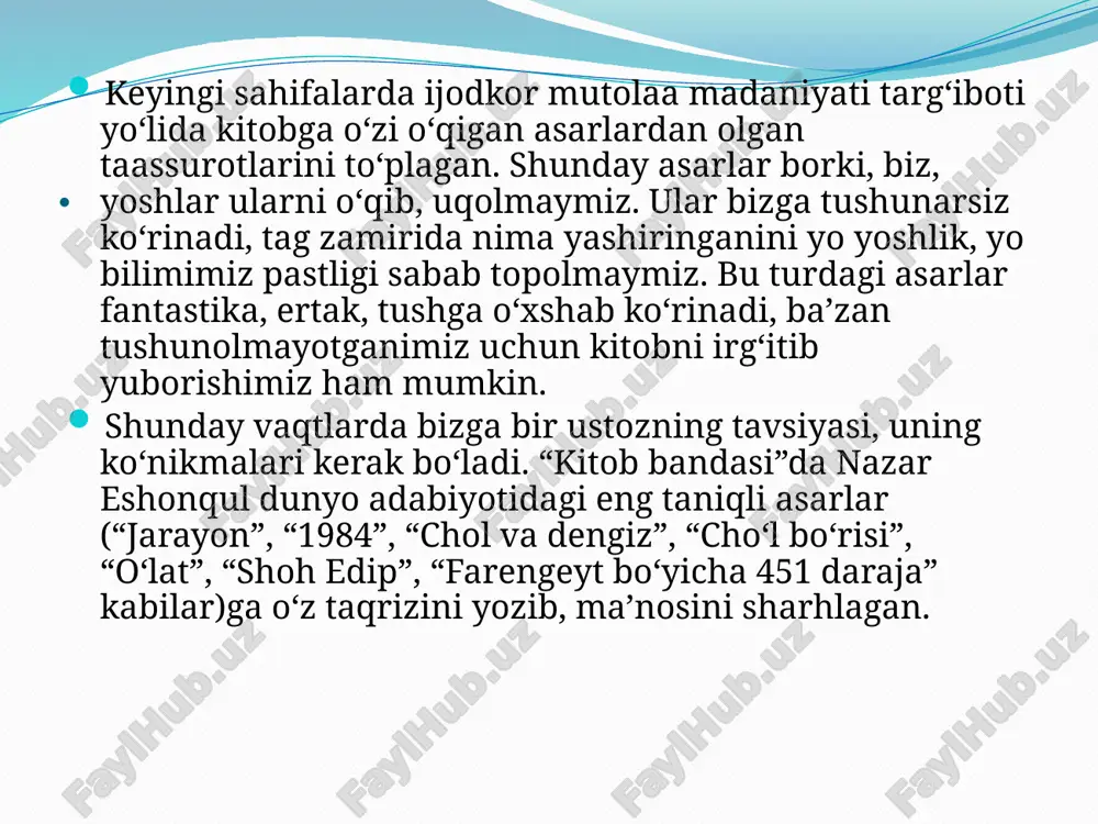 atar bor ekan, ijodkorga ish topiladi. birinchisi kabi oxirgi ijod namunasi ham xuddi rahmon va shayton haqida bo‘la­di deb o‘ylayman”... – deydi muallif. shu orqali yoshlarni o‘qishga, ijodkorni yozishga, izlanishdan to‘xtamaslikka chorlaydi. . e’tiboringiz uchun rahmat /docprops/thumbnail.jpeg