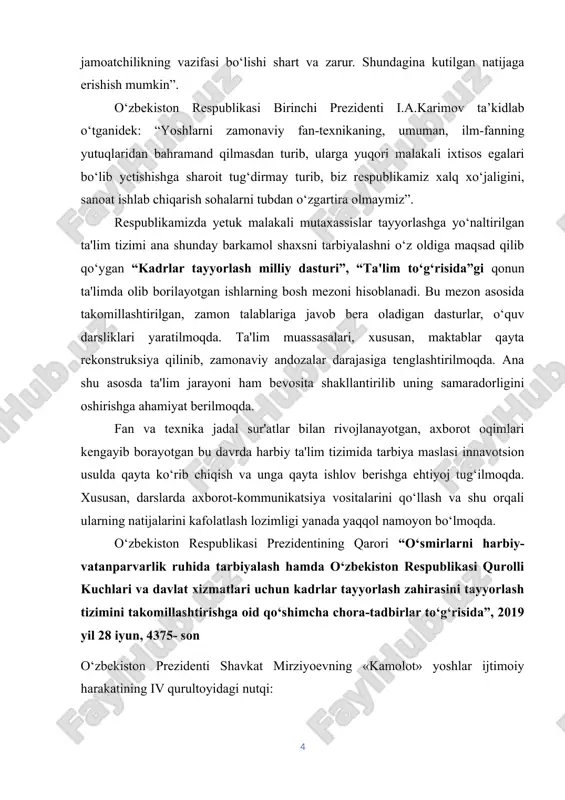 i yoshlarni harbiy vatanparvarlik ruhida tarbiyalash davlat siyosatining ustuvor yo‘nalishlaridan biridir. hozirgi murakkab globallashuv davrida, axborot-kommunikatsiya texnologiyalari shiddat bilan rivojlanib borayotgan sharoitda yoshlarni harbiy-vatanparvarlik ruhida tarbiyalash bilan bog‘liq dolzarb vazifalar va ularni hal etish yo‘llari, davlat va nodavlat notijorat tashkilotlari, oila, mahalla, ta’lim-tarbiya institutlarining bu boradagi roli va ahamiyatini, o‘zaro hamkorligini milliy va xalqaro huquqiy normalarni hisobga olgan holda belgilab beradi. o‘zbekiston respublikasi vazirlar mahkamasining 2018-yil 23- fevraldagi 140-son qaroriga binoan “yoshlarni harbiy-vatanparvarlik ruhida tarbiyalash konsepsiyasi” ishlab chiqilgan bo‘lib ushbu konsepsiyaning 2 bobida yoshlarni harbiy-vatanparvarlik ruhida tarbiyalashning maqsadi va asosiy vazifalari aniq belgilab berilgan. yoshlarni harbiy-vatanparvarlik ruhida tarbiyalashning maqsadi yoshlarda jamiyatning turli tarmoqlari, ayniqsa, harbiy soha bilan aloqador bo‘lgan davlat xizmati turlarida faollik ko‘rsatish, tinch va harbiy sharoitda konstitutsiya va harbiy burchga sadoqatli bo‘lish, ularda o‘z yurti va xalqi taqdiri uchun yuksak mas’uliyat va javobgarlik kabi muhim xususiyatlarni shakllantirishdan iborat. barchamizga ma'lumki, harbiy ta'limda olib borilayotgan ishlarning samarasi bir qancha …