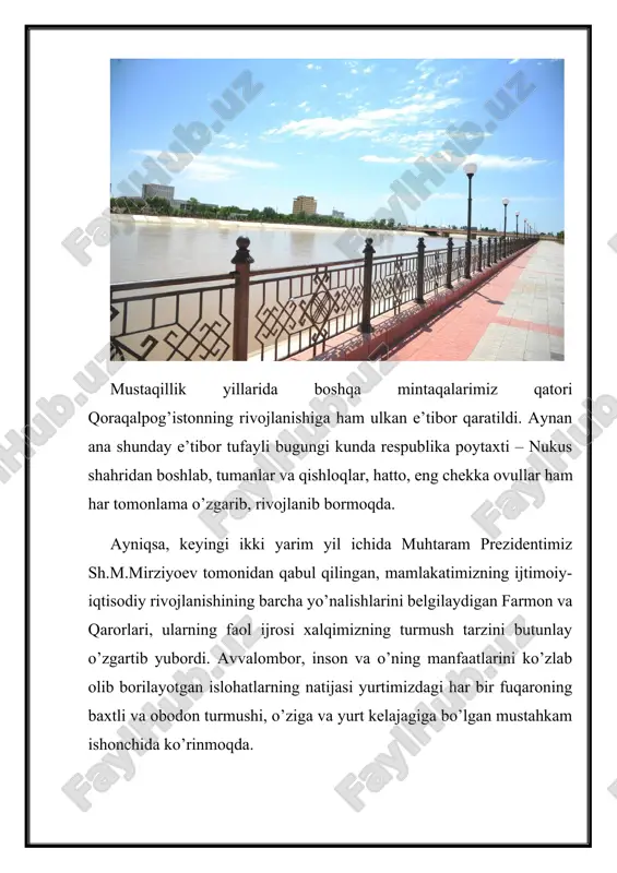 da. zamonaviy korxonalar, ta’lim, tibbiyot, madaniyat, sport va ijtimoiy sohaning boshqa ob’ektlari, kommunikatsiya tarmoqlari qurilmoqda. bu esa, qoraqalpog’iston respublikasining mamlakatimiz ijtimoiy-iqtisodiy hayotidagi tutgan o’rnining tobara oshib borayotganligidan darak beradi. respublikaning ma’muriy-hududiy tuzilmasi 16 ta tuman va 1 ta shahardan iborat: amudaryo, beruniy, bozatov, ellikqal’a, to‘rtko‘l, kegeyli, chimboy, qorao‘zak, taxtako‘pir, qonliko‘l, sho‘manoy, qo‘ng‘irot, mo‘ynoq, xo‘jayli, taxiatosh, nukus tumanlari va poytaxt – nukus shahridir. qoraqalpog‘iston respublikasi o‘zbekiston respublikasi tarkibidagi parlament boshqaruv shakliga ega bo‘lgan suveren respublikadir. qoraqalpog‘iston o‘z konstitutsiyasi, bayrog‘i, gerbi va madhiyasiga ega. qoraqalpog‘istonning konstitutsiyasi va qonunlari o‘zbekiston respublikasi konstitutsiyasi va qonunlariga muvofiq ishlab chiqilgan va ular shu asosda amal qiladi. respublikada umumiy rahbarlik jo‘qorg‘i kenges raisi – qoraqalpog‘iston respublikasi parlamenti tomonidan amalga oshiriladi. respublikaning oliy ijroiya hokimiyati qoraqalpog‘iston respublikasi jo‘qorg‘i kengesi tomonidan tasdiqlangan vazirlar kengashi hisoblanadi. respublika vazirlar kengashi tarkibiga kengash raisi, raisning o‘rinbosarlari, vazirlar, davlat qo‘mitalari raislari, yirik konsern va birlashmalar rahbarlari kiradi. qoraqalpog‘iston respublikasi vazirlar kengashi raisi, o‘z …