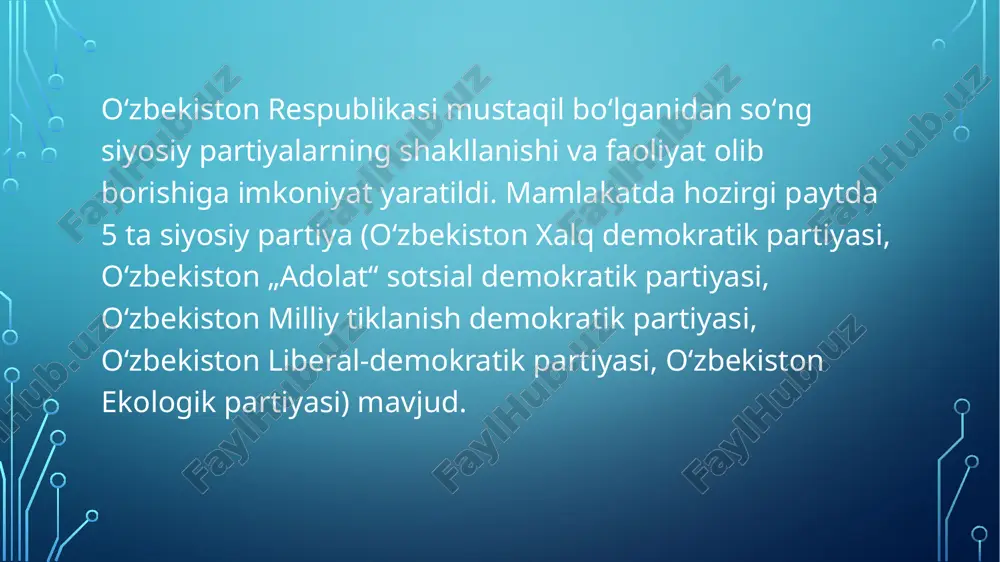 namoyon etishga intiladi. aholining kam taminlangan qatlamlarini ijtimoiy muhofaza etishga ko‘maklashadi, ijtimoiy adolat tamoyillariga qat’iy amal qilib, ularning manfaatlarini, haq-huquqlarini himoya qiladi. tadbirkorlar va ishbilarmonlar harakati – oʻzbekiston liberal-demokratik partiyasi 2003-yil 15-noyabrda boʻlib oʻtgan taʼsis s’yezdida tashkil topgan. o‘zbekiston liberal-demokratik partiyasining asosiy maqsadlari quyidagilardan iborat: siyosiy kuch sifatida birlashgan holda tadbirkor va ishbilarmonlarning yanada kengroq faoliyat yuritishlari uchun yangi imkoniyatlar ochish, ularning istiqbolini ham nazariy, ham amaliy jihatdan asoslab berish, jamiyatning ushbu tabaqasi manfaatlarini himoyalash barobarida uning ertangi kunini ta’minlash. partiyaning davlat boshqaruvi, jamiyatda shakllanayotgan qarashlarga ta’sir o‘tkazish, siyosiy va iqtisodiy islohotlarni amalga oshirishdagi ishtirokini ta’minlash. davlatning ijtimoiy-iqtisodiy va siyosiy taraqqiyoti bilan bog‘liq muammolarni hal qilish, o‘zbekistonning xalqaro obro‘yini oshirishda, yurtimizda tinchlik va osoyishtalikni saqlashda, millatlararo va fuqarolararo ahillik va totuvlikni mustahkamlash ishida faol qatnashish. yoshlarimizni vatanga muhabbat va sadoqat, o‘z elim, o‘z yurtim, jon o‘zbekistonim, deya g‘ururlanib yashash ruhida tarbiyalashga munosib hissa qo‘shish, har qanday sharoitda mustaqillik yo‘limiz, qadriyatlarimiz, …