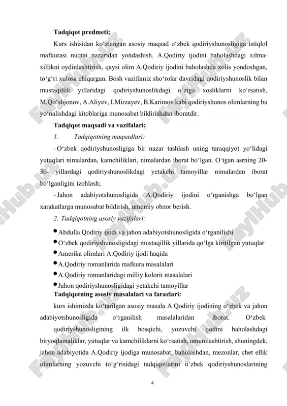 keyinroq i.sulton, oybek, m.qo‘shjonov, a.aliyev, i.mirziyoyev kabi olimlar yozuvchi ijodi, romanlari to‘g‘risida ilmiy tadqiqot ishlari yaratdilar. s.xusaynning “abdulla qodiriyning “o‘tkan kunlar” romani”, oybekning – a.qodiriyning ijodiy yo‘li”, v.mahmudning “mehrobdan chayon” to‘g‘risidagi tadqiqotlarini tilga olish mumkin. bu kitoblarning deyarli barchasida a.qodiriy ijodi adabiy portret misolida o‘rganilgan. ko‘proq yozuvchining “o‘tkan kunlar” romani atrofida, uning yutuqlaridan ko‘ra kamchiliklarini ko‘rsatish yetakchilik qiladi. a. qodiriy ijodi mustaqillik yillarida, yangi mezonlar asosida, yangicha baholandi. bu o‘rinda b.karimning yozuvchi ijodiga bag‘ishlangan kitoblari “abdulla qodiriy” monografiyasi, “abdulla qodiriy germenevtikasi” singari kitoblarini tilga olish maqsadga muvofiqdir. tadqiqotda qo‘llanilgan metodik manbalar: kurs ishimizni yozishda o‘zbek adabiyotshunosligida mustaqillik yillarida yaratilgan ilmiy kitoblardan tanladik. “adabiyotshunoslikka asoslari”, “adabiyot nazariyasi”, – o‘zbek adabiy tanqidchiligi”, – o‘zbek adabiyoti tanqidi antalogiyasi” kabi kitoblar ishimizni yozish jarayonida metodik manba vazifasini o‘tadi. i.sulton, m.qo‘shjonov, o.sharafiddinov, u.normatov, a.rasulov, b.karimov singari olimlarning zamonaviy o‘zbek adabioti to‘g‘risidagi tadqiqotlari ham metodil manba sifatida murojaat etdik. tadqiqot natijalarining nazariy va amaliy ahamiyati: ushbu …