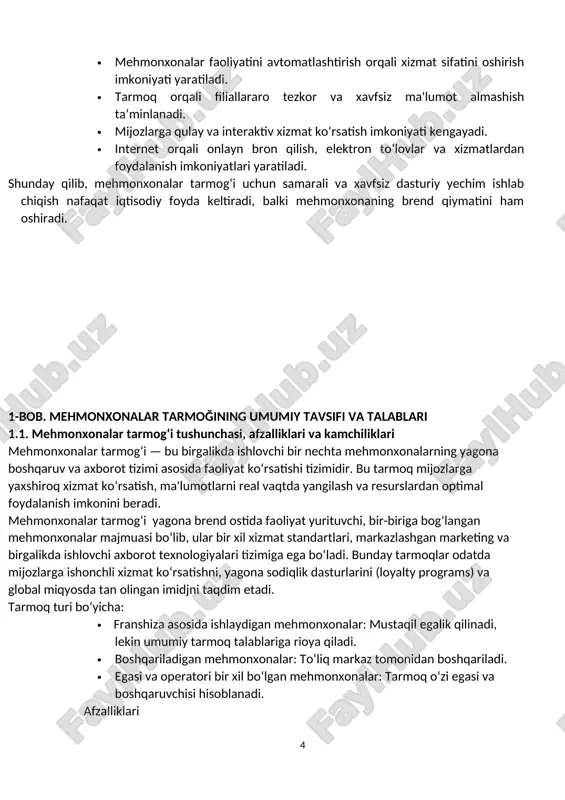 qolish imkoniyati. · o‘qitish va trening tizimi: hodimlar uchun muntazam treninglar va professional rivojlanish imkoniyatlari mavjud bo‘ladi. · kamchiliklari · dastlabki xarajatlarning yuqoriligi: server, dasturiy ta'minot va mutaxassislar uchun katta mablag‘ talab qilinadi. · murakkab texnik xizmat: tizim doimiy ravishda texnik ko‘rik va yangilanishni talab qiladi. · internetga qaramlik: tarmoq ishlashi uchun barqaror va tezkor internet zarur. · kiberxavfsizlik tahdidlari: bitta tizim buzilsa, barcha tarmoqdagi ma'lumotlarga zarar yetishi mumkin. · moslashuvchanlik yetishmasligi: mahalliy bozor sharoitiga tezda moslasha olmaslik (har doim umumiy tarmoq qoidalariga rioya qilish kerak bo‘ladi). · brend imijiga bog‘liqlik: agar tarmoq brendi bilan bog‘liq global muammo yuz bersa (masalan, reputatsion zarar), barcha filiallar bundan zarar ko‘radi. · mahalliy ehtiyojlarni inkor qilish: tarmoq standartlari mahalliy mehmonlarning o‘ziga xos ehtiyojlarini to‘liq hisobga olmasligi mumkin. · texnologik nosozliklar: markaziy tizimda yuzaga kelgan nosozlik butun tarmoq faoliyatiga ta’sir ko‘rsatadi. diagramma: mehmonxonalar tarmog‘ining umumiy tuzilishi har bir mehmonxona server bilan real vaqtda ma'lumot …