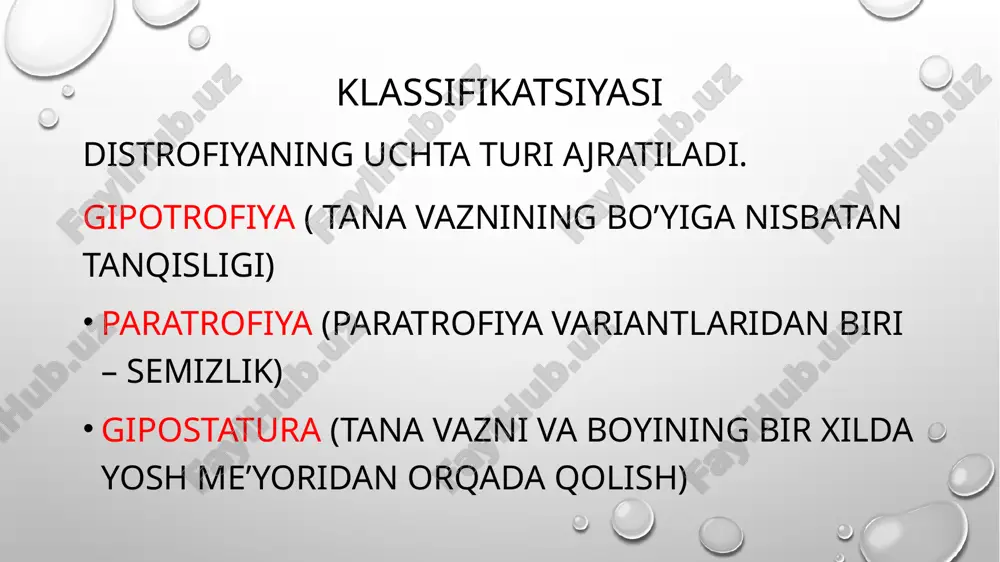 . laborator ma’lumotlar qonning quyilishini ko’rsatadi (gemoglobin konsentrasiyasi va eritrositlar miqdori normada yo’ki ko’paygan, echt pasaygan). peshobda xloridlar, fosfatlar va mochevina ko’p miqdorda aniqlanadi, ba’zida aseton va keton tanalari aniqlanadi. e'tiboringiz uchun rahmat! image2.png image3.png image4.jpeg image5.jpeg image6.jpeg image1.png /docprops/thumbnail.jpeg