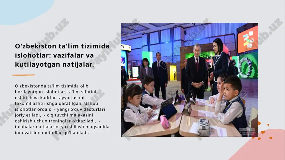 ni tatbiq etish orqali o'quvchilarning bilim va ko'nikmalarini oshirish, shuningdek, o'qituvchilarni malakasini yuksaltirish maqsad qilingan. 4 xalqaro hamkorlik - o'zbekiston xalqaro tashkilotlar bilan hamkorlik orqali ta'lim tizimida global standartlarni joriy etmoqda, bu esa mamlakatning ta'lim sifatini oshiradi. xulosa ta'lim islohotlarining ahamiyati o'zbekistondagi ta'lim islohotlari mamlakatning rivojlanish maqsadlariga erishishda muhim rol o'ynaydi. bu o'zgarishlar sifatli ta'limni ta'minlashga qaratilgan. zamonaviy yondashuvlar ta'lim sohasidagi zamonaviy yondashuvlar o'quv dasturlarini yangilash, o'qituvchilarni tayyorlash va talabalar natijalarini yaxshilashni nazarda tutadi. bu, o'z navbatida, xalqaro standartlarga muvofiqlikni oshiradi. xalqaro hamkorlik o'zbekistonning ta'lim sohasidagi xalqaro hamkorliklari yangi imkoniyatlar va tajribalar olib kelmoqda. bu, ta'lim sifatini oshirish va global ta'lim tizimiga integratsiyani ta'minlaydi. e'tiboringiz uchun rahmat! image1.jpeg image2.jpeg image3.png /docprops/thumbnail.jpeg
