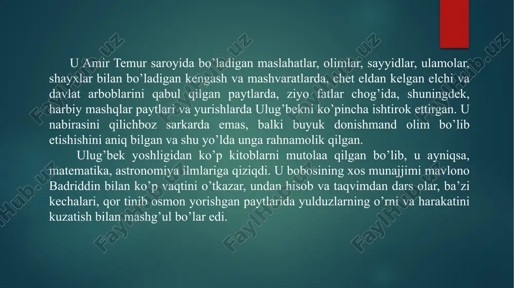qiladi ana shu bilangina o‘kuvchilarda bilimga qiziqish orttirish mumkinligini ta’kidlaydi. uning fikricha, tarbiyachi avval o‘zini tarbiyalashi, bilim va malakalarini egallashi lozim. ulug‘bek axloqiy tarbiya xususida gapirar ekan, bu masalada insonlar orasidagi o‘zaro munosabat, kasbdo‘stlik va birodarlik aloxida aham0yat etish kerakligini ta’kidlaydi. uning fikricha, haqiqat va soxta ao‘stlarni ajrata bilish lozim, g‘arazli kishi hech vaqt do‘st bo‘lmaydi, kishilarni u to‘g‘ri yo‘ldan ozdiradi. do‘st tanlashga e’tibor berilmasa, soxta do‘stlarning ko‘payishiga bu esa odamlar o‘rtasida nopok manfaatlarga xizmat qilishga olib kelishga ishonadi. shu bois g‘arazli kish1dlardan har qanday yo‘l bilan bo‘lsa-da, yiroq bo‘lish, kasbi va xulq " atvori yaxshi, hamma hurmat qiladigan, xushfe’l kishi bilan do‘stlashish lozimligini tavsiya etadi. har bir kishi do‘stona hamkorlik bilan hayotiy muammolarni hal etishi mumkin, kishi yolg‘iz o‘zi, do‘stlarsiz hech narsa kila olmaydi. e’tiboriz uchun rahmat! image6.jpeg image7.jpg image8.png image2.png image3.png image4.png image5.png /docprops/thumbnail.jpeg