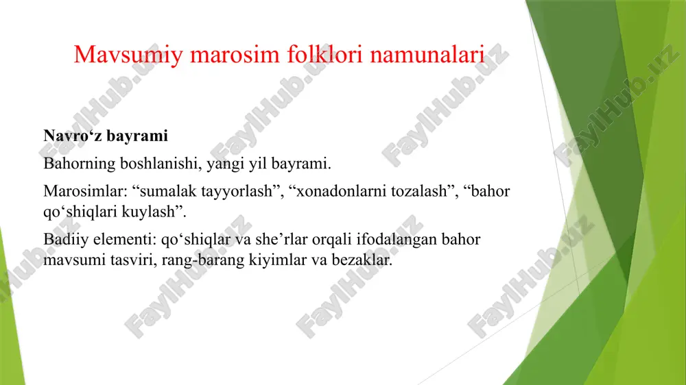 -madaniy, diniy va ekologik qadriyatlarni ifodalash vositasidir. asosiy xususiyatlar: tabiat va fasllar bilan chambarchas bog‘liq. jamiyatdagi birlik va hamkorlikni mustahkamlashga xizmat qiladi. marosimlar orqali og‘zaki ijod, o‘yin, qo‘shiqlar, raqslar, latifalar va hikoyalar avloddan-avlodga yetadi. badiiy jihatdan dramatik, ritmik va simvolik elementlarga boy. mavsumiy marosim folklorining asosiy turlari va namunalari bahor mavsumiga oid marosimlar navro‘z: yangi yil, tabiat uyg‘onishi bayrami. marosimlar: sumalak tayyorlash, uylarni tozalash, bahor qo‘shiqlari va raqslari. badiiy elementi: qo‘shiqlar orqali tabiat manzarasi, yangi hayot ramzlarini ifodalash. bulbul qo‘shiqlari va gullar bayrami: bahor kelishini tabiat tasvirlari bilan boyitadi. badiiy jihati: she’riyat va qo‘shiqlarda metafora, allegoriya, ritmik uyg‘unlik mavjud. mehnat va hosil bilan bog‘liq marosimlar hosil bayramlari: paxta, g‘alla, meva-terim mavsumlarida o‘tkaziladi. marosimlar: yig‘im-terim o‘yinlari, shodlik qo‘shiqlari, folklor dramatizatsiyasi. badiiy jihati: mehnat jarayoni dramatik tarzda ifodalanadi, kulgi va satira qo‘shiladi. qishki marosimlar yilni qarshi olish va qor bayramlari: qish faslini ko‘tarinki ruhda kutib olish. badiiy jihati: maskarad elementlari, qo‘shiqlar va …