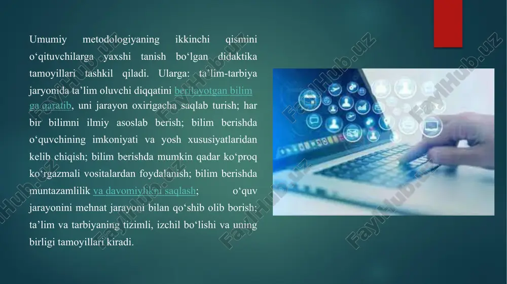 i t.: -oʻzbeksiton 2012y. o‘zbekiston respublikasining «ta’lim to‘g‘risida»gi qonuni. , -t.:o‘zbekiston. 2020 y 3. maktabgacha taʼlim konsepsiyasi – t.: 2019-y. 4.azizxoʻjayeva n.n. oʻqituvchi tayyorlashning pedagogik texnologiyasi.-t.: tdpu, 2000.52 b 5. xasanboyev j., toʻrakulov x., xaydarov m., xasanboyeva o. pedagogika fanidan izohli lugʻat. – t., 2008. internet saytlari: 1. www. tdpu. uz 2.www. pedagog. uz 3.www. ziyonet.uz 4.www. edu. uz image6.png image7.png image8.png image9.png image10.png image11.png image12.png image13.png image14.png image2.png image3.png image4.png image5.png /docprops/thumbnail.jpeg