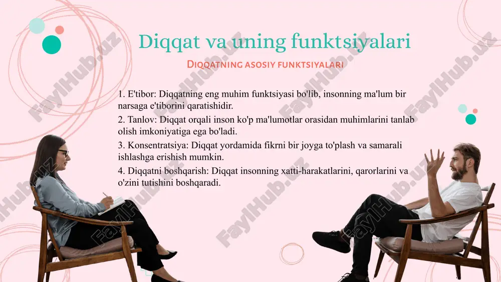 rsatadi. masalan, e'tiborning kuchayishi asab tizimining ma'lum hududlaridagi faoliyatni oshirish orqali amalga oshadi. psixologik jihatlar va diqqat diqqatning psixologik aspektlari diqqat psixologik jarayonlar ichida muhim rol o'ynaydi. u insonning muayyan ob'ektlarga yoki ma'lumotlarga e'tibor qaratishiga yordam beradi. psixologik aspektlari orqali diqqatning o'zgarishi va rivojlanishi tushuniladi, bu esa ta'lim va o'qish jarayonlarida samaradorlikni oshiradi. diqqatning o'zgarishi va uni boshqarish usullari diqqatni boshqarish usullari ko'plab texnikalarni o'z ichiga oladi. masalan, mindfulness amaliyotlari, vaqtni rejalashtirish, va depressiyaga qarshi strategiyalar diqqatni oshirishga yordam beradi. o'zgarishlar esa miyaning ishlash mexanizmlariga ta'sir qiladi, bu esa diqqatni yanada samarali boshqarishga imkon yaratadi. nevrologik jihatlar va diqqat diqqatning nevrologik asoslari diqqat, insonning atrof-muhitdan ma'lumotlarni tanlab olish va ularga e'tibor qaratish qobiliyatidir. bu jarayon miya faoliyati bilan to'g'ridan-to'g'ri bog'liq bo'lib, asosan frontal lob va parietal loblar faoliyatiga tayangan holda amalga oshiriladi. diqqatning nevrologik asoslari, nevronlar o'rtasidagi bog'lanishlar va neurotransmitterlar yordamida amalga oshiriladi. miya faoliyatining samarali bo'lishi diqqatni boshqarish va …