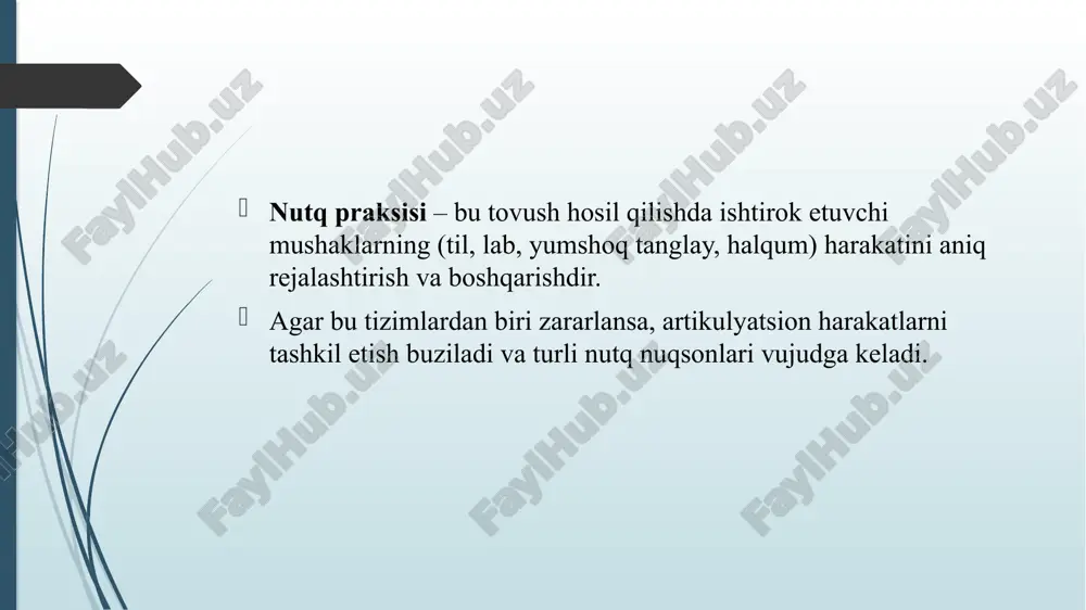kter kasb etadi. praksisni to‘g‘ri shakllantirish nutqni rivojlantirishning poydevoridir. shu sababli logopedik mashg‘ulotlarda praksisni tiklashga yo‘naltirilgan metodlar eng muhim o‘rin egallaydi. foydalanilgan adabiyotlar axmedova, m. sh. “nutq nuqsonlari psixologiyasi va logopediyasi.” – toshkent: fan va texnologiya, 2020. – 224 bet. qayumova, g. r. “bolalarda nutq nuqsonlarini korreksiya qilish metodikasi.” – toshkent: tdpu nashriyoti, 2021. lalaeva, r. i. “narusheniya rechi u detey: diagnostika i korrektsiya.” – moskva: akademiya, 2018. – 312 s. temirova, n. x. “logopediya asoslari.” – toshkent: o‘qituvchi, 2019. – 180 bet. volkova, g. a. “logopediya: teoriya i praktika korrektsii rechevix narusheniy.” – sankt-peterburg: piter, 2021. artemova, l. n. “praksis i ego narusheniya u detey s rechevimi rasstroystvami.” – moskva: vlados, 2017. – 264 s. xomskaya, e. d. “neyropsixologiya: visshie funktsii mozga i ix narusheniya.” – moskva: mgu, 2020. – 340 s. mirzaeva, sh. t. “maktabgacha yoshdagi bolalarda nutq rivojlanishidagi nuqsonlar va ularni bartaraf etish yo‘llari.” – samarqand: samdu …