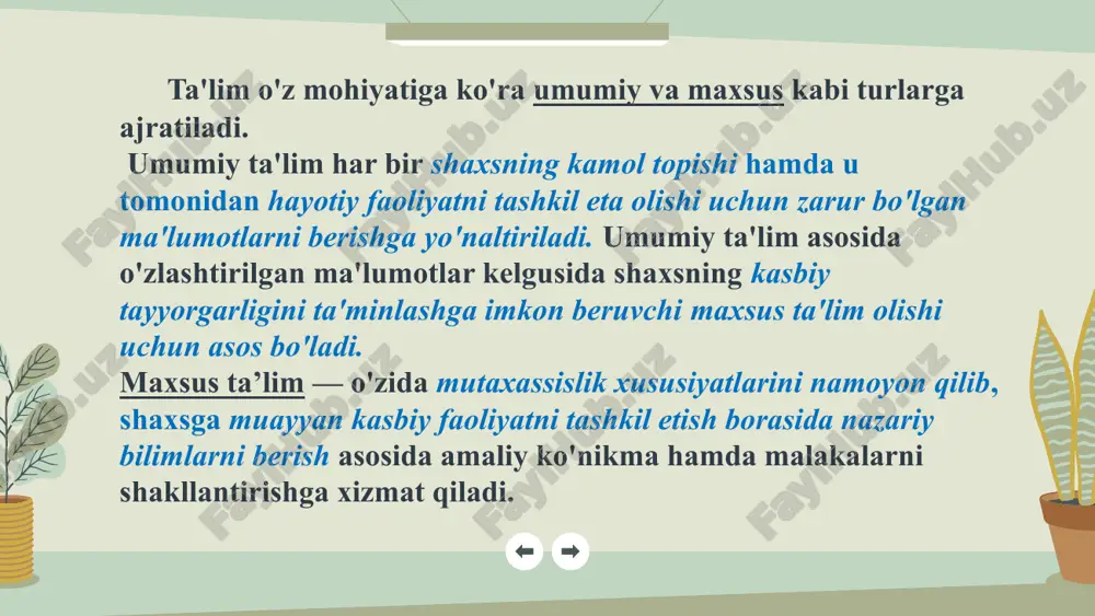 arqda madrasa)lar ko'rinishidagi maktablarda ma'naviy-axloqiy jihatdan yetuk, turli sohalar bo'yicha mukammal bilimga ega pedagoglarning faoliyat yuritishlariga alohida ahamiyat qaratilgan. chunonchi, muhammad tarag'ay ulug'bek tomonidan barpo etilgan madrasalarda o'z davrining taniqli olimlari — ali qushchi, taftazoniy, qozizoda rumiy, mavlono muhammad, g'iyosiddin jamshid koshiy, muiniddin koshiy hamda mansur koshiylar talabalarga ta'lim berganlar. pedagogik fanlar tizimi. 1.umumiy pedagogika — maktab yoshidagi bolalarni tarbiyalash va ularga ta'lim berish masalalarini o'rganadi. 2.maktabgacha ta'lim pedagogikasi — maktabgacha ta'lim yoshidagi bolalarni tarbiyalash, ularni intellektual, ma'naviy-axloqiy va jismoniy jihatdan kamolotga yetkazish masalalarini o'rganadi. 3. boshlang'ich ta'lim pedagogikasi - boshlang'ich sinflar o'quvchilarini tarbiyalash, ularga ta'lim berish, ularning o'ziga xos psixologik hamda fiziologik xususiyatlarini tadqiq etish, shuningdek, ularni intellektual, ma'naviy-axloqiy va jismoniy jihatdan kamolotga yetkazish masalalarini o'rganadi. 4. korreksion (maxsus) pedagogika — rivojlanishida turli psixologika fiziologik nuqsonlari bo'lgan bolalarni tarbiyalash va o'qitish bilan bog'liq muammolarni o'rganadi. oligofrenopedagogika va oligofrenopsixologiva — aqli zaif bolalarni rivojlantirish, o'qitish va tarbiyalash masalalarini o'rganadi. tiflopedagogika …