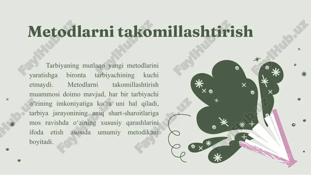ilishi lozim. rag‘batlantirish rag‘batlantirish tarbiyalanuvchining xatti-harakati va faoliyatiga ijobiy baho berish asosida unga ishonch bildirish, ko‘ngilini ko‘tarish va uni qo‘llab-quvvatlash usulidir. o‘qituvchi har bir o‘quvchi shaxsida ro‘y berayotgan ijobiy o‘zgarishlarni anglash olishi zarur. shundagina o‘quvchi o‘zining kamolga etayotganligini his qiladi, unda o‘z kuchiga nisbatan ishonch paydo bo‘ladi. uni hurmat qilishadi, unga ishonishadi, uning fikrlari bilan qiziqishadi, unga quloq solishadi, demak, u jamoada o‘z o‘rniga ega. o‘qituvchi ana shunday holatning yuzaga kelishi uchun rag‘batlantiruvchi usullardan foydalanadi. uyaltirish uyaltirish - o‘quvchining ma’lum xatti-harakatlariga jamoa yoki uning tarbiyasi uchun mas’ul bo‘lgan sub’ektlar (ota-onalar, vasiylar, jamoatchilik vakillari va boshqalar) oldida baho berish. odamning eng nozik sezgilaridan biri uyat, or-nomus va sharm-hayodir. odamda insonda izzat-nafs, odamiylik qancha kuchli bo‘lsa, avvalo, o‘zini hurmat qilsa, unda or-nomus, uyat shunchalik kuchli bo‘ladi. bolalarni tarbiyalashda shu his-tuyg‘ularni ehtiyotkorlik bilan o‘stirish lozim, lekin hadeb uyaltiraverish va qizirtiraverish yaramaydi. bundan oqilona va o‘z o‘rnida foydalanish kerak, shundagina ijobiy natijaga umid qilish …