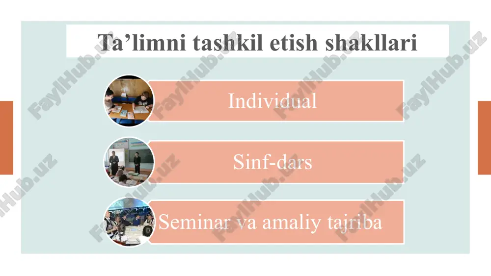 ulot boshlanishida tayinlashi mumkin. ta'limning bunday mashg'ulotlarini tashkil qilish ikki xil yo'l bilan olib boriladi: amaliy tajriba mashg'ulotlari. v-ix sinflarda o'tiladigan amaliy tajriba mashg'ulotlari asosan maktab ustaxonasi va o'quv- tajriba er uchastkalarida olib boriladi. amaliy tajriba mashg'ulotlari. ekskursiyalar. amaliy tajriba mashg'ulotlari ham o'z xarakteriga ko'ra ikki turga ega: 1. maktab ustaxonasida olib boriladigan mashg'ulotlar. 2. maktab tajriba er uchastkasida olib boriladigan taj­riba mashg'ulotlari. maktabgacha ta’lim 3 yoshdan 7 yoshgacha bo’lgan davrni qamrab oladi. umumiy o’rta talim boshlang’ich ta’lim (1-4 sinf) umumiy o’rta talim (1-11 sinf) oliy ta’lim bakalavr magistratura e’tiboringiz uchun rahmat! image1.jpg image2.jpg image6.jpg image7.png image8.jpeg image9.png image10.png image11.png image12.jpeg image5.jpeg image15.jpg image16.png