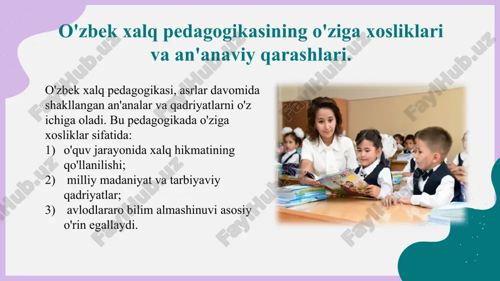 viy ta'lim tizimida ham samarali qo'llanilishi imkonini beradi. xulosa xalq pedagogikasining roli xalq pedagogikasi, o'zbekistonda, ta'lim jarayonining asosiy negizini tashkil etadi, an'anaviy bilim va qadriyatlarni zamonaviy metodlar bilan bog'laydi. ilmiy va an'anaviy ilmiy pedagogika va xalq pedagogikasi o'rtasidagi o'zaro aloqalar, ta'lim tizimining samaradorligini oshirishda muhim ahamiyatga ega bo'lib, o'zaro tajriba almashish imkonini beradi. ta'limda innovatsiyalar an'anaviy ta'lim usullari, zamonaviy pedagogikaga yangiliklar kiritish bilan birga, o'quvchilarning qiziqishini yanada oshirishga yordam beradi, bu esa ta'lim jarayonini mustahkamlaydi. e'tiboringiz uchun rahmat! credits: this presentation template was created by slidesgo, and includes icons by flaticon, and infographics & images by freepik image1.png image2.png image3.png