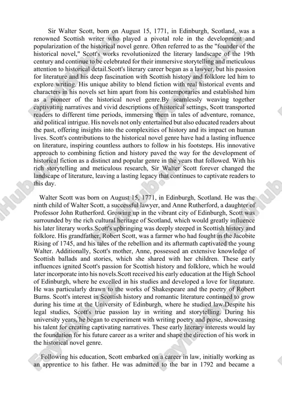 k showcased scott's talent for blending historical material with his own creative interpretations.building on this success, scott went on to publish his first narrative poem, "the lay of the last minstrel," in 1805. it garnered widespread acclaim and established him as a prominent figure in the literary world. this early success propelled scott to further explore historical themes and laid the foundation for his future endeavors in the historical novel genre.scott's decision to focus on writing and his exploration of historical themes would shape his literary career, leading him to become the pioneer of the historical novel and leaving an indelible mark on the world of literature. iv. contribution to the historical novel genre. the historical novel is a genre of fiction that intertwines fictional characters and events with real historical settings, figures, and periods. it aims to recreate the past and provide readers with a vivid and immersive experience …