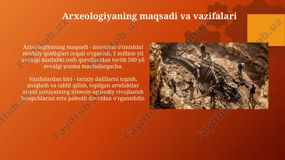 arxeologik tadqiqot natijalarini nashr etish arxeologik tadqiqotlar natijalari monografiyalar, maqolalar va ilmiy hisobotlar shaklida nashr etiladi, ularda topilmalar konteksti va tahlili batafsil bayon etiladi. nashrlarda aniq geodezik ma'lumotlar, stratigrafik kesmalar, topilgan artefaktlarning 3d modellaridan foydalanish arxeologik ma'lumotlarning ishonchliligini oshiradi. arxeologiyaning jamiyatga ta'siri arxeologik topilmalar, masalan, 20-asrning oʻrtalarida aniqlangan buyumlar, madaniy merosni asrab-avaylashga turtki boʻlib, turizmni rivojlantirish orqali iqtisodiy oʻsishga hissa qoʻshadi. arxeologiya fan sifatida, odamlarning 10 ming yillik tarixini o'rganib, o'tmishdagi jamiyatlar haqida ma'lumot berib, bugungi kundagi muammolarni tushunishga yordam beradi. kelajakdagi arxeologik tadqiqotlar istiqbollari kelajakda arxeologik tadqiqotlar geomexanika va georadar texnologiyalaridan foydalanib, yer osti tuzilmalarini aniqlashda katta imkoniyatlar yaratadi, bu esa tadqiqot xarajatlarini kamaytiradi. dna-tahlili arxeologik topilmalarning etnik kelib chiqishi, migratsiya yo'llari va ijtimoiy tuzilmalari haqida aniqroq ma'lumotlarni beradi va kelajakdagi tadqiqotlarga asos bo'ladi. e'tiboringiz uchun rahmat image8.png image2.png image3.svg image5.png image9.jpg image10.jpg image11.jpg image12.jpg image13.jpg image14.jpg image15.jpg image16.jpg image17.jpg image18.jpg image19.jpg image20.jpg image21.jpg image22.jpg image23.jpg image24.jpg image25.jpg image1.png