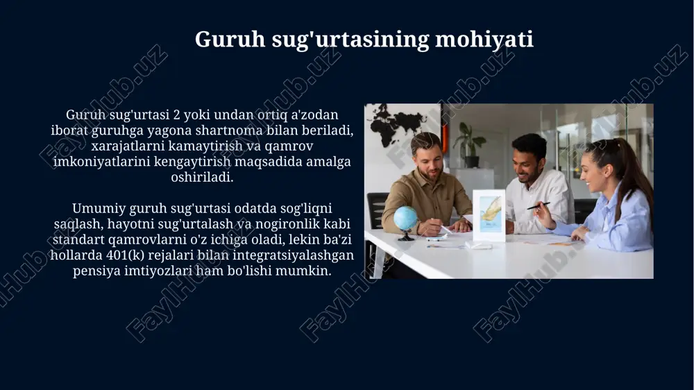 di, hal qilish vaqtini optimallashtiradi. kelajakdagi istiqbollar va innovatsiyalar global sug'urta guruhlari 2030 yilgacha ai va katta ma'lumotlardan foydalanishni kengaytiradi, bu esa risklarni aniqroq baholash va individual siyosat narxlarini belgilash imkonini beradi. blokcheyn texnologiyasi 2025 yilgacha global sug'urta da'volarini hal qilishda shaffoflikni oshiradi va firibgarlikni kamaytiradi, tranzaksiya xarajatlarini 15% ga qisqartiradi. global sug'urta guruhlarini tanlashda e'tiborga olish kerak bo'lgan omillar guruhning moliyaviy barqarorligi (masalan, a++ reytingi) muhim, chunki bu kompaniyaning da'volarni to'lash qobiliyatini kafolatlaydi va kelajakdagi xarajatlarni qoplashga tayyorligini anglatadi. global sug'urta guruhining sug'urta mahsulotlari va xizmatlari diapazoni, jumladan 24/7 mijozlarga xizmat ko'rsatish va turli tillardagi qo'llab-quvvatlash, muhim ahamiyatga ega. xulosa global sug'urta guruhlarining sug'urta polisi, asosan, 100 dan ortiq xodimlarga ega kompaniyalar uchun mos keladi, bu xodimlar uchun keng qamrovli tibbiy himoyani ta'minlaydi. xulosa shuni ko'rsatadiki, global guruh sug'urta dasturlari odatda 80% dan 95% gacha bo'lgan yuqori darajadagi qamrovni ta'minlaydi, bu esa xarajatlarni sezilarli darajada kamaytiradi. e'tiboringiz uchun rahmat …