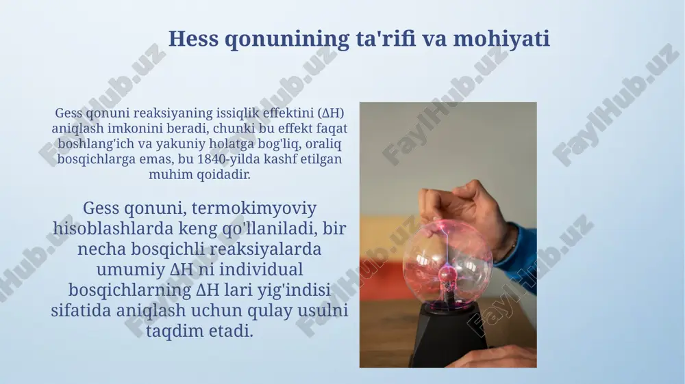 adi. xulosa va asosiy tushunchalar gess qonuni kimyoviy reaksiyaning issiqlik effektini aniqlashda muhim, chunki u oraliq bosqichlarga bog'liq emas, faqat boshlang'ich va yakuniy holatni hisobga oladi. kirxgof qonuni haroratning o'zgarishi bilan reaksiyaning issiqlik effektining o'zgarishini ifodalaydi, bu esa standart sharoitlardan farqli haroratlarda hisoblash imkonini beradi. e'tiboringiz uchun rahmat image4.png image5.png image6.jpg image7.jpg image8.jpg image9.jpg image10.jpg image11.jpg image12.jpg image13.jpg image14.jpg image15.jpg image16.jpg image17.jpg image18.jpg image19.jpg image20.jpg image1.jpeg