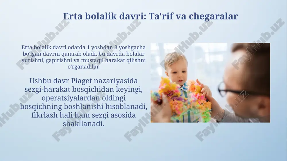 jarayonni tezlashtirishi mumkin. xulosa erta bolalik davridagi aqliy rivojlanishning xususiyatlari sezgirlik davrlari va yaqin rivojlanish zonasini o'z ichiga oladi, bu o'rganishning 2-5 yoshda optimalligini tushuntiradi. 3 yoshdan 6 yoshgacha bo'lgan bolalar kognitiv sohalarning tez o'sishini namoyon etadilar, masalan, tushunchalarni shakllantirish va 5000 dan ortiq so'z boyligini o'zlashtirish. e'tiboringiz uchun rahmat image4.png image5.jpg image6.jpg image7.jpg image8.jpg image9.jpg image10.jpg image11.jpg image12.jpg image13.jpg image14.jpg image15.jpg image16.jpg image17.jpg image18.jpg image19.jpg image20.jpg image21.jpg image1.jpeg
