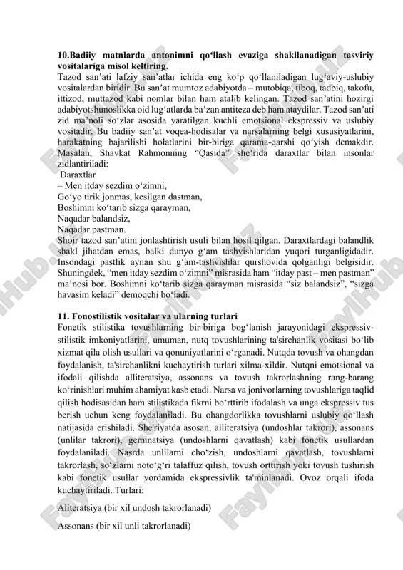 sa kerak. (p. qodirov) har narsa o‘z vaqtida yarashadi. misollardagi har kim, har narsa olmoshlari o‘rnida, umumiy fikrga salbiy ta’sir yetkazmagan holda hamma olmoshini qo‘llash mumkin. biz olmoshi men o‘rnida har xil maqsadda ishlatiladi. masalan, u ilmiy uslubda ko‘proq kamtarinlik ma’nosida, og‘zaki nutqda esa faxrlanish, katta ketish ma’nolarini bildirish uchun qo‘llaniladi: biz o‘z asarimizda yirik olimlar fikrlariga asoslandik (kamtarlik). bizning o‘g‘limiz ham katta bo‘lib qoldi (faxrlanish). biz o‘z ishimizni bilib qilamiz, sizning maslahatingizga zor emasmiz (manmanlik). fe’lning nisbat, mayl, shaxs-son, zamon turli nutq uslublarida qo‘llanilishiga ko‘ra o‘ziga xos ichki imkoniyatlarga ega. shuningdek, og‘zaki va yozma nutqda uslubiy bo‘yoqlarni berishda, hissiy ta’sirchanlikni ifodalashda ayrim fe’l shakllari keng ishlatiladi. 8 . soʻzning denotativ va konatativ misollar yozing so‘zning borliqdagi narsa-predmet, belgi, miqdor, harakat-holat haqida ma'lumot beruvchi komponenti denotativ ma'no bo‘lib, u so‘z semantikasidagi birlamchi va asosiy komponentdir. konnotativ ma'no esa denotativ ma'noning nutqiy imkoniyatlarini, nutq subyektining baho munosabatini yuzaga chiqaruvchi ma'no sifatida …