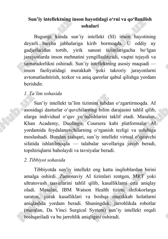 rish, ob-havo sharoitlarini bashorat qilish va suv resurslarini tejashda qo‘llanilmoqda. masalan, ai dronlar yordamida ekinlarni kuzatadi, zararkunandalarni aniqlaydi va urug‘ ekish jarayonlarini optimallashtiradi. ekologiyada esa sun’iy intellekt iqlim o‘zgarishlarini tahlil qilib, tabiat muhofazasi bo‘yicha yechimlar taklif etadi. 7. iqtisodiyot va biznes sohasida sun’iy intellekt iqtisodiyotning raqamli transformatsiyasida asosiy omil bo‘lib xizmat qilmoqda. ko‘plab kompaniyalar ai yordamida mijozlarning xatti-harakatlarini tahlil qiladi, bozorni o‘rganadi va marketing strategiyalarini optimallashtiradi. masalan, banklar ai orqali firibgarlik holatlarini aniqlaydi, kredit reytingini baholaydi va mijozlarga mos takliflar beradi. shuningdek, moliyaviy bozorlar, valyuta kurslari yoki aksiyalar narxini bashorat qilishda ham sun’iy intellekt algoritmlaridan keng foydalanilmoqda. 8. davlat boshqaruvi va xavfsizlik tizimlarida ko‘plab rivojlangan davlatlarda ai hukumat faoliyatida ham qo‘llanilmoqda. misol uchun, aqsh, xitoy va yevropa mamlakatlarida sun’iy intellekt yordamida aholini ro‘yxatga olish, transport harakatini boshqarish, jinoyatchilikka qarshi kurash va ekologik nazorat amalga oshirilmoqda. yuzni aniqlash (face recognition) tizimlari xavfsizlik kameralarida, aeroportlarda va chegaralarda keng ishlatilmoqda. 9. madaniyat va …