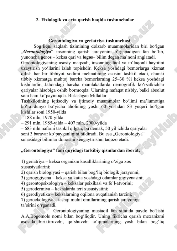 yatlariga egadir. keksalik – umrning hayot qonuniyati bilan yuz beradigan yakunlovchi davri. s. p. botkin va i. mechnikov fiziologik va barvaqt qarishning mavjudligi haqidagi tushunchalarni ishlab chiqqanlar. shu tufayli ular haqli ravishda klinik gerontologiyaning asoschilaridirlar. barvaqt qarish organizmning moslashuv imkoniyatlarini pasaytiradigan yoki buzadigan va vaqtidan ilgari qarib qolishiga sabab bo‘ladigan, boshdan kechirilgan kasalliklar yoki tashqi muhitning zararli omillari ta’sirida yuz beradigan yoshga aloqador o‘zgarishlarning birmuncha erta rivojlanishi bilan xarakterlanadi. fiziologik qarish aqliy va jismoniy sog‘lomlikni, ma’lum darajadagi ish qobiliyatini, dilkashlikni, tevarak-atrofdagi hodisalarga qiziqishni saqlab qolish bilan belgilanadi. tashqi muhit ta’siri va organizmning ichki omillari qarish jarayonining tezlashuviga, organizmning erta qarishiga olib keladi, bu jarayon organizmning o‘sishi va rivojlanishi to‘xtaganidan keyin boshlanadi. gerontologiya tibbiy biologiya bilan chambarchas bog‘liq bo‘lib, u molekula va hujayralardan tortib, butun organizmning qarish sabablarini o‘rganadi. gerontologiya, asosan, eksperimental, klinik va ijtimoiy yo‘nalishlarda rivojlanmoqda. qarish – qarilik, yosh ulg‘aya borishi bilan organizmda paydo bo‘ladigan o‘zgarishlarning qonuniy jarayoni. dunyo …