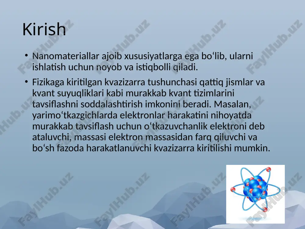 istallning davriy potensialidagi elektron kvazizarra sifatida qaraladi, qobiqning effektiv massasi elektronning tinchlikdagi massasidan sezilarli darajada farq qilishi mumkin. kovak - to‘ldirilmagan valent bog‘lanish bo‘lib, u o‘zini mutlaq qiymati bo‘yicha elektron zaryadiga teng bo‘lgan musbat zaryad sifatida namoyon qiladi. 4.4 polyaron polyaron tushunchasi 1946-yilda sovet fizigi pekar tomonidan kiritilgan. polyaron - kristalldagi elektron va unga hamroh bo‘lgan panjaraning elastik deformatsiya (qutblanish) maydonidan tashkil topgan murakkab kvazizarra. 4.5 eksiton eksiton (lotincha "eksito" - "uyg‘otaman") - dielektrik, yarimo‘tkazgich yoki metallda kristall bo‘ylab ko‘chib yuruvchi va elektr zaryadi va massasining ko‘chishi bilan bog‘liq bo‘lmagan elektron uyg‘onishini ifodalovchi kvazizarra. eksitonlar haqidagi tasavvur 1931-yilda ya.i. frenkel tomonidan kiritilgan. 4.6 magnon magnon - o‘zaro ta’sirlashuvchi spinlar sistemasining elementar uyg‘onishiga mos keladigan kvazizarra, ya’ni magnon magnit tartiblangan muhitlardagi spin to‘lqinlari kvantiga mos keladi. bertram brokxauz feliks blox 4.7 plazmonlar plazmon (boshqacha aytganda, plazma tebranishlari kvanti) - erkin elektron gaz zaryadi zichligining kollektiv tebranishlari bo‘lgan plazma tebranishlarining kvantlanishiga javob …