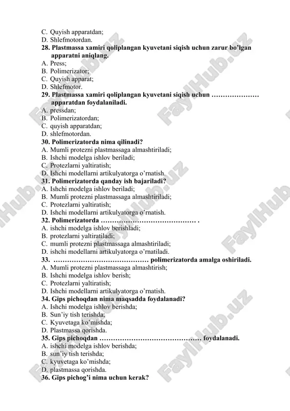 aqsadda foydalanadi? a. ishchi modelga ishlov berishda; b. sun’iy tish terishda; c. kyuvetaga ko’mishda; d. plastmassa qorishda. 35. gips pichoqdan ……………………………………… foydalanadi. a. ishchi modelga ishlov berishda; b. sun’iy tish terishda; c. kyuvetaga ko’mishda; d. plastmassa qorishda. 36. gips pichog’i nima uchun kerak? a. ishchi modelga ishlov berish uchun; b. sun’iy tish terish uchun; c. kyuvetaga ko’mish uchun; d. plastmassa qorish uchun. 37. ………………………………… gips pichog’ida amalga oshiriladi? a. ishchi modelga ishlov berish; b. sun’iy tish terish; c. kyuvetaga ko’mish; d. plastmassa qorish. 38. tish texnikligi labaratoriyasidagi havoni tozalash maqsadida qanday moslama o’rnatilgan bo’lishi kerak? a. ventilyatsion shkaf; b. eshik; c. deraza; d. darcha. 39. tish texnikligi labaratoriyasidagi havoni tozalash maqsadida ……………… o’rnatilgan bo’lishi kerak. a. eshik; b. ventilyatsion shkaf; c. deraza; d. darcha. 40. tish texnikligi labaratoriyasidagi havoni tozalash maqsadida qanday moslama o’rnatilishi kerakligini aniqlang. a. eshik; b. deraza; c. ventilyatsion shkaf; d. darcha. 41. …………………………… tish texnikligi labaratoriyasidagi …