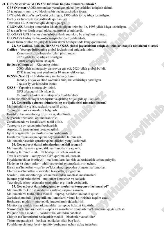 uv tizimlarini qo‘llashni yengillashtiradi. xatoliklarni sezilarli darajada kamaytiradi. operatsion xarajatlarni pasaytiradi. hosildorlikni bashorat qilish uchun ma’lumot to‘playdi. barqaror qishloq xo‘jaligiga xizmat qiladi. 13. qishloq xo‘jaligi texnikalarida qo‘llanilayotgan global joylashishni aniqlash tizimlari qanday turlarga bo‘linadi? gps (global positioning system) – aqsh tizimi. glonass – rossiya tizimi. galileo – yevropa ittifoqining tizimi. beidou (compass) – xitoy tizimi. irnss (navic) – hindistonning mintaqaviy tizimi. qzss – yaponiya mintaqaviy tizimi. sbas (space-based augmentation system) – mahalliy tarmoqni kuchaytiruvchi tizimlar. dgps (differential gps) – aniqlikni oshiruvchi tizim. rtk (real-time kinematic) – yuqori aniqlikda joylashishni aniqlovchi tizim. sun’iy yo‘ldosh signalini kuchaytiruvchi bazaviy stansiyalar. 14. global joylashishni aniqlash tizimlari asosida qishloq xo‘jaligi texnikalarining parallel harakatlanishi qanday ta’minlanadi? gps qurilmasi harakat yo‘nalishini aniq belgilaydi. dasturiy ta’minot orqali yo‘l koordinatalari hisoblanadi. avtopilot tizimlari texnikani belgilangan marshrut bo‘ylab boshqaradi. har bir qator orasidagi masofa oldindan sozlanadi. rtk texnologiyasi aniqlikni 2 sm gacha yetkazadi. noto‘g‘ri harakatlarni avtomatik ravishda tuzatadi. urug‘ va …