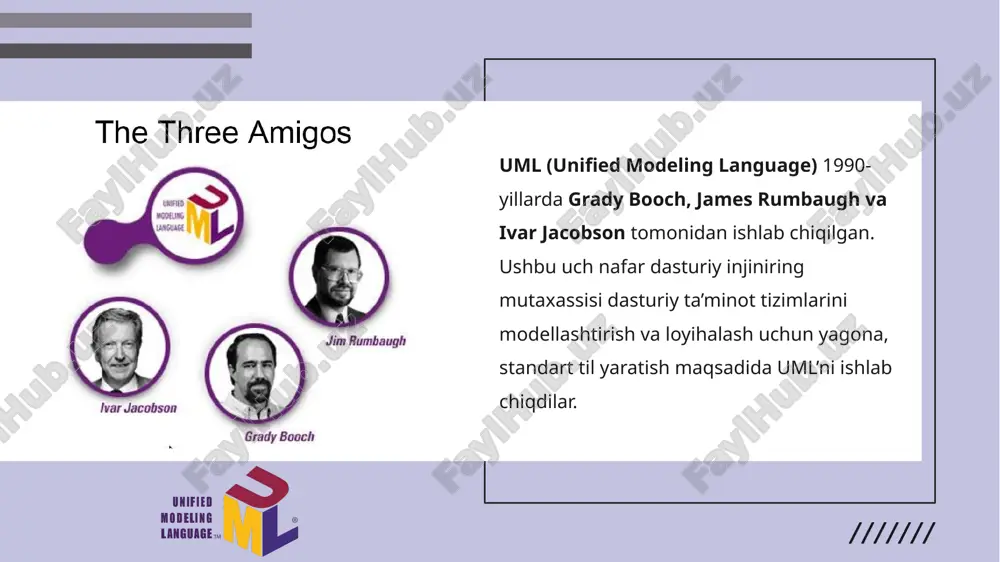 r qilishi mumkin (0..*), lekin har bir kitob faqat bitta nashriyot tomonidan nashr qilinadi (1). o'zaro aloqalar (association) 1 o'zaro aloqa (association) — sinflar o'rtasida oddiy bog'lanishni ifodalaydi. bu bog'lanish sinflar orasidagi munosabatni ko'rsatadi. o'zaro aloqalar turlari bir-biriga (1:1): har bir obyektning bitta obyekti bo'ladi. bir ko'pga (1:n): bir obyekt ko'p boshqa obyektlarga bog'lanishi mumkin. ko'p ko'pga (n:m): har bir obyekt ko'p boshqa obyektlarga bog'lanishi mumkin. aggregation va composition. aggregation va composition — bu o'zaro aloqalar (relationships) bo'lib, ular sinflar o'rtasidagi bog'lanishlarni ifodalaydi. har ikkisi ham obyektlar o'rtasidagi bog'lanishni ko'rsatadi, lekin ularning kuchi va munosabatlari farq qiladi. aggregation — kuchli bo'lmagan bog'lanish. obyektlar bir-biridan mustaqil bo'lishi mumkin. misol: fakultet va talaba: fakultet talabalardan iborat, lekin talaba fakultetning bir qismi emas. agar fakultet yopilsa, talabalarga ta'sir qilmaydi. diagrammada ochiq romb yordamida ko'rsatiladi. composition — kuchli bog'lanish. obyektlar bir-biriga bog'langan va bir-biriga bog'liq bo'ladi. agar asosiy obyekt yo'q bo'lsa, ikkinchisi ham yo'q …