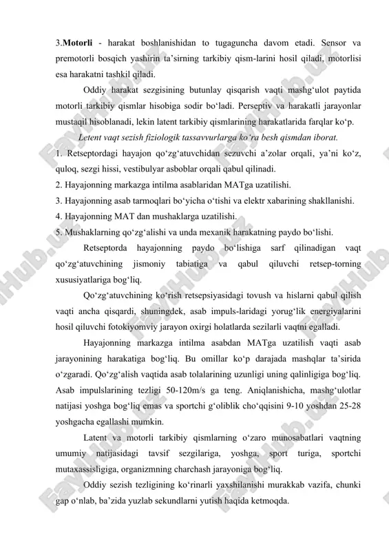 digan vaqt qo‘zg‘atuvchining jismoniy tabiatiga va qabul qiluvchi retsep-torning xususiyatlariga bog‘liq. qo‘zg‘atuvchining ko‘rish retsepsiyasidagi tovush va hislarni qabul qilish vaqti ancha qisqardi, shuningdek, asab impuls-laridagi yorug‘lik energiyalarini hosil qiluvchi fotokiyomviy jarayon oxirgi holatlarda sezilarli vaqtni egalladi. hayajonning markazga intilma asabdan matga uzatilish vaqti asab jarayonining harakatiga bog‘liq. bu omillar ko‘p darajada mashqlar ta’sirida o‘zgaradi. qo‘zg‘alish vaqtida asab tolalarining uzunligi uning qalinligiga bog‘liq. asab impulslarining tezligi 50-120m/s ga teng. aniqlanishicha, mashg‘ulotlar natijasi yoshga bog‘liq emas va sportchi g‘oliblik cho‘qqisini 9-10 yoshdan 25-28 yoshgacha egallashi mumkin. latent va motorli tarkibiy qismlarning o‘zaro munosabatlari vaqtning umumiy natijasidagi tavsif sezgilariga, yoshga, sport turiga, sportchi mutaxassisligiga, organizmning charchash jarayoniga bog‘liq. oddiy sezish tezligining ko‘rinarli yaxshilanishi murakkab vazifa, chunki gap o‘nlab, ba’zida yuzlab sekundlarni yutish haqida ketmoqda. latent tarkibiy qismlarning umumiy vaqtiga 20-25%, motorliga 75-80% ketadi. masalan, oliy malakali sprinterlar-ning startyor otilgandagi umumiy vaqti 0,30-0,40s, bunda latent davri 0,06-0,10s, motor-0,24-0,30. element startining amalga oshi-shi tufayli springdagi …