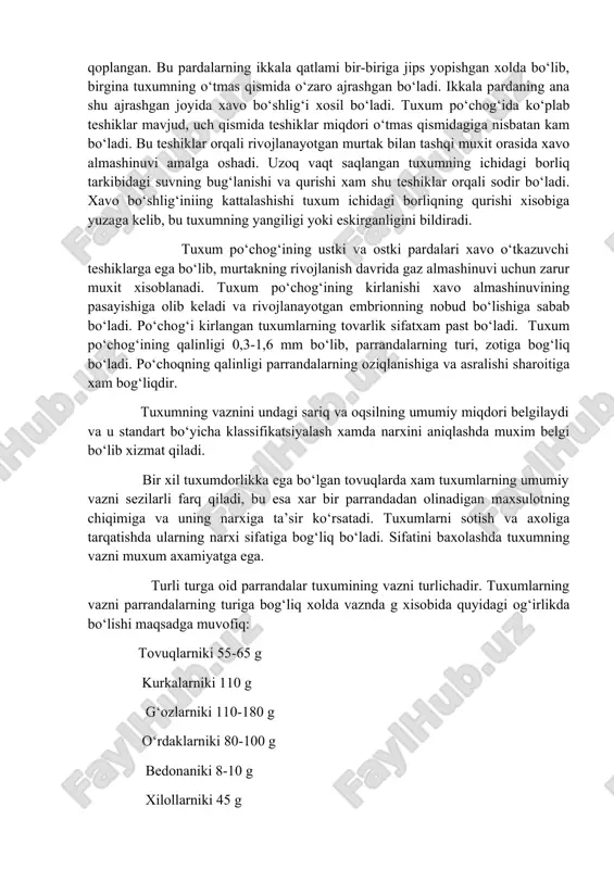 ta’sir ko‘rsatadi. tuxumlarni sotish va axoliga tarqatishda ularning narxi sifatiga bog‘liq bo‘ladi. sifatini baxolashda tuxumning vazni muxum axamiyatga ega. turli turga oid parrandalar tuxumining vazni turlichadir. tuxumlarning vazni parrandalarning turiga bog‘liq xolda vaznda g xisobida quyidagi og‘irlikda bo‘lishi maqsadga muvofiq: tovuqlarniki 55-65 g kurkalarniki 110 g g‘ozlarniki 110-180 g o‘rdaklarniki 80-100 g bedonaniki 8-10 g xilollarniki 45 g zotlari bo‘yicha xam tuxumlarning vazni turlicha bo‘ladi. tuxumlarning vazni parrandalarning umumiy vazniga xam bog‘liq bo‘ladi. ammo go‘sht yo‘nalishidagi tovuqlar tuxumining vazni tirik vazniga nisbatan kichik bo‘ladi. nazorat uchun savollar. 1. topshiriq. parrandalar tuxum mahsuldorligini tashkil etuvchi ko‘rsatkichlar. 2. topshiriq. tovuqlarning tuxum mahsuldorligini xisobga olishda nimalar e`tiborga olinadi. image6.jpeg image7.jpeg image8.jpeg image9.jpeg image1.jpeg image2.jpeg image3.jpeg image4.jpeg image5.jpeg /docprops/thumbnail.wmf