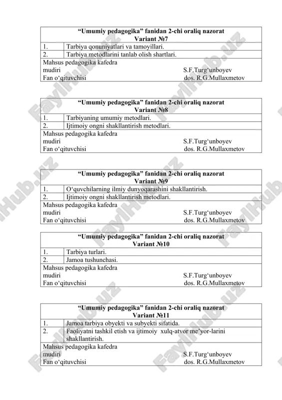 dos. r.g.mullaxmetov “umumiy pedagogika” fanidan 2-chi oraliq nazorat variant №14 1. o‘qituvchi mehnatini ilmiy tashkil etish. 2. oʻquvchilar jamoasining rivojlanish darajasi va bosqichlari. mahsus pedagogika kafedra mudiri s.f.turg‘unboyev fan o‘qituvchisi dos. r.g.mullaxmetov “umumiy pedagogika” fanidan 2-chi oraliq nazorat variant №15 1. o‘z-o‘zini tarbiyalash va o‘z ustida ishlash. 2. oʻquvchilar jamoasi rivojining asosiy shart-sharoitlari. mahsus pedagogika kafedra mudiri s.f.turg‘unboyev fan o‘qituvchisi dos. r.g.mullaxmetov “umumiy pedagogika” fanidan 2-chi oraliq nazorat variant №16 1. tarbiya jarayonining mohiyati va mazmuni. 2. oʻquvchilar jamoasining rivojlanish darajasi va bosqichlari. mahsus pedagogika kafedra mudiri s.f.turg‘unboyev fan o‘qituvchisi dos. r.g.mullaxmetov “umumiy pedagogika” fanidan 2-chi oraliq nazorat variant №17 1. dars- taʼlimni tashkil etishning asosiy shakli. 2. oʻquvchilar jamoasi rivojining asosiy shart-sharoitlari. mahsus pedagogika kafedra mudiri s.f.turg‘unboyev fan o‘qituvchisi dos. r.g.mullaxmetov “umumiy pedagogika” fanidan 2-chi oraliq nazorat variant №18 1. tarbiyaning umumiy metodlari. 2. mustaqil fikrlash, ilmiy dunyoqarash va milliy gʻoyani shakllantirish oʻquv-tarbiya jarayonining tarkibiy qismlari. mahsus pedagogika kafedra …