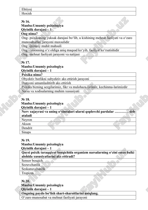 a? organizmning tashqi muhit ta’siriga nerv tizimi orqali beradigan javob reaksiyasi bu aks ettirish tirik organizmning javob reaksiyasi bu insonga xos aks ettirish № 27. manba:umumiy psixologiya qiyinlik darajasi – 2 haqiqatni aks etgirishning muhim shaklini aniqlang. ongda aks ettirish oynada o‘z fizionomiyasining aks etishi narsalarning suvda aks etishi kimyoviy aks ettirish № 28. manba:umumiy psixologiya qiyinlik darajasi – 2 hayvon va insonning eng muhim farqi nimada? tafakkur va tilda sezgi va irodada temperamenti, xarakterida yuz va tana tuzilishida № 29. manba:umumiy psixologiya qiyinlik darajasi – 3 tropizm bu -: biologik omillarga maxsus harakatlar bilan reaksiya qilish tashqi dunyoni sezgilar asosida aks ettirish organizmning qo‘zg‘ovchilar ta’siriga moslashuvi organizmning ong yordamida boshqarilishi № 30. manba:umumiy psixologiya qiyinlik darajasi – 1 uyushgan va uyushmagan ijtimoiy guruhlardagi shaxslararo o‘zaro tasir jarayonida paydo bo‘ladigan psixologik hodisalarni o‘rganadigan psixologiya sohasi bu........ instinktiv psixologiya din psixologiyasi shaxs psixologiyasi ijtimoiy psixologiya № 31. manba:umumiy psixologiya qiyinlik darajasi …