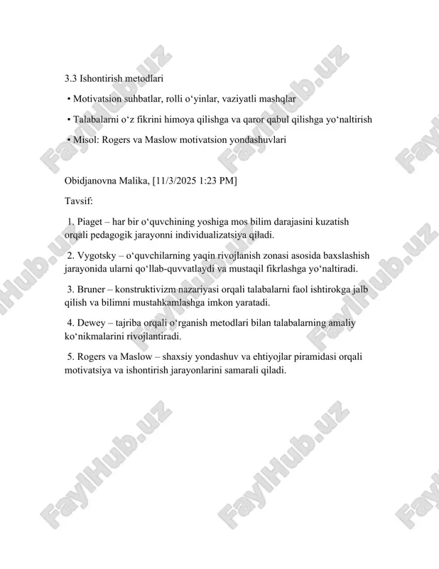 siy tushunchalar (ta'lim metodlari va shakllari) tushuncha qisqa ta’rif misollar ta'lim metodi o‘qituvchi–o‘quvchi hamkorligidagi maqsadga yo‘naltirilgan usullar tushuntirish, suhbat, demonstratsiya, laboratoriya, loyiha, muammoli izlanish ta'lim shakli faoliyatni tashkiliy ko‘rinishda tashkil etish dars, seminar, trening, amaliy mashg‘ulot, vebinar, aralash ta’lim interfaol metodlar muloqot va hamkorlikka asoslangan metodlar debat, fishbowl, klaster, akvarium, 6×6×6, jigsaw