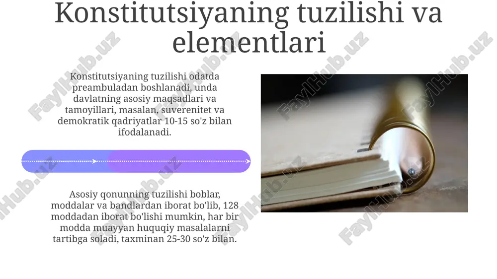 konstitutsiyaning 13-moddasida demokratiya va ijtimoiy adolat tamoyillari aks etgan bo'lib, unda inson huquqlari ustuvorligi va jamiyat farovonligiga intilish belgilangan. o'zbekiston konstitutsiyasining 1-moddasi davlat suverenitetini e'lon qiladi, bu esa respublikaning o'z ichki va tashqi siyosatini mustaqil ravishda belgilash huquqini kafolatlaydi. konstitutsiya – barqaror taraqqiyot kafolati konstitutsiya 30 yildan ortiq barqaror rivojlanishning huquqiy asosi bo'lib, iqtisodiy, ijtimoiy va siyosiy islohotlar uchun mustahkam zamin yaratdi. konstitutsiyada belgilangan 170 dan ortiq moddalar inson huquqlari, erkinliklari va qonun ustuvorligini kafolatlaydi, bu esa barqaror taraqqiyotning muhim shartidir. konstitutsiyani o'rganish va targ'ib qilish konstitutsiyani o'rganish 2024-yilgi dasturida 'inson qadri uchun' g'oyasi asosiy o'rin egallaydi, bunda 30 dan ortiq tadbirlar rejalashtirilgan, fuqarolarning huquqlarini ta'minlashga qaratilgan. konstitutsiyani targ'ib qilishda zamonaviy axborot texnologiyalari, jumladan, 'konstitutsiya.uz' platformasi orqali 100 dan ortiq interaktiv materiallar taqdim etiladi. e'tiboringiz uchun rahmat image4.jpg image5.jpg image6.jpg image7.jpg image8.jpg image9.jpg image10.jpg image11.jpg image12.jpg image13.jpg image14.jpg image15.jpg image16.jpg image17.jpg image18.jpg image19.jpg image20.jpg image1.jpeg image2.jpeg image3.jpeg