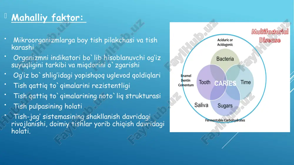a, shuningdek tishlarni qattiq chotka bilan yuvilganda kuzatiladi. sababchi tish ko`rikdan o`tkazilganda, emal yuzasida uncha chuqur bo`lmagan nuqson ko`rinadi. bo`shliqni zondlaganda emal yuzasida g’adirbudirlik aniqlanadi. ko`pchilik holatlarda g’adir-budurlik katta oq yoki pigmentlangan dog’ markazida kuzatiladi. karioz bo`shlig’i kontakt yuzada joylashganda ozuqa qoldiqlarini ilinib qolishi hamda tish-milk so`rg’ichlarini yallig’lanishi orqali milk shishi, giperemiyasi, hattoki milk karashlari ham kuzatiladi. davolash 1.vaziyatga qarab ogʻriqsizlantirish. 2.koferdam 3. karies kovakni ochish 4. nekroektomiya qilish 5.kovakni shakllantirish 6. travitel 7. 0,2dan 2foizgacha xlorgeksidinda 20sek yuvish yoki 96foiz spirt 8. bond (opti bond fl) 9. plombalash 10. ortiqcha plombani olish 11. silliqlash pardozlash o’rta karies birinchi maydonda – chirigan, uyqalangan emalva dentin qoldiqlari hamda ko`p miqdorda mikroorganizmlar ko`rinadi. dentin demineralizasiyasi dentin odontoblastlarining o`simtalarini (toms tolalarini) buzilishi bilan va ularning o`rniga mikroorganizmlarni yeg’ilishi bilan kechadi. ikkinchi maydonda - karioz bo`shlig’ini atrofida ya'ni pulpa to`qimasiga yo`nalgan holda dentin kanalchalari kengayadi va shaklan nuqsonlanib boradi. undan chuqurroqda qattiqlashgan tiniq dentin …