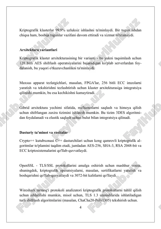 ma'lumotlarini shifrlash va autentifikatsiya qilish orqali firibgarlikning oldini oladi. blokcheyn texnologiyasida kriptografik klasterlar tranzaksiyalarni tasdiqlash uchun ishlatiladi, bunda 51% hujumdan himoya qilish uchun ko'p tugunli konsensus mexanizmlari va xeshlash algoritmlari qo'llaniladi. muammolar va yechimlar "muammolar va yechimlar" kriptografiya tizimlaridagi xavfsizlik zaifliklarini aniqlashda muhim rol o'ynaydi, ayniqsa, 256-bitli aes shifrlashning buzilish ehtimolini baholashda. kriptografik muammolar echimlari 1024-bitli rsa kalitlaridan foydalanganda hisoblash murakkabligini kamaytirishga qaratilgan, bunda katta sonlarni faktorlash algoritmlari hisobga olinadi. "muammolar va yechimlar" kvant hisoblashning kriptografiyaga ta'sirini o'rganadi, ayniqsa, shor algoritmi 2048-bitli kalitlarni buzish xavfini baholashda. kelajakdagi yo'nalishlar kriptografiya sohasida post-kvant kriptografiyasi algoritmlariga 2048 bitli rsa va ecc kabi mavjud standartlarning zaiflashishi sababli, 5-10 yil ichida katta e'tibor qaratiladi. homomorfik shifrlash usullari, ayniqsa, 2025-2030 yillarda shifrlangan ma'lumotlar bilan to'g'ridan-to'g'ri ishlash imkoniyatini beruvchi shaxsiy ma'lumotlar himoyasi uchun 128 bitlik xavfsizlik bilan keng qo'llaniladi. blokcheyn texnologiyasida anonimlikni oshirish va tranzaksiyalar tezligini 2 martaga oshirish uchun nol bilim isbotlari (zero-knowledge proofs) ning kriptografik …